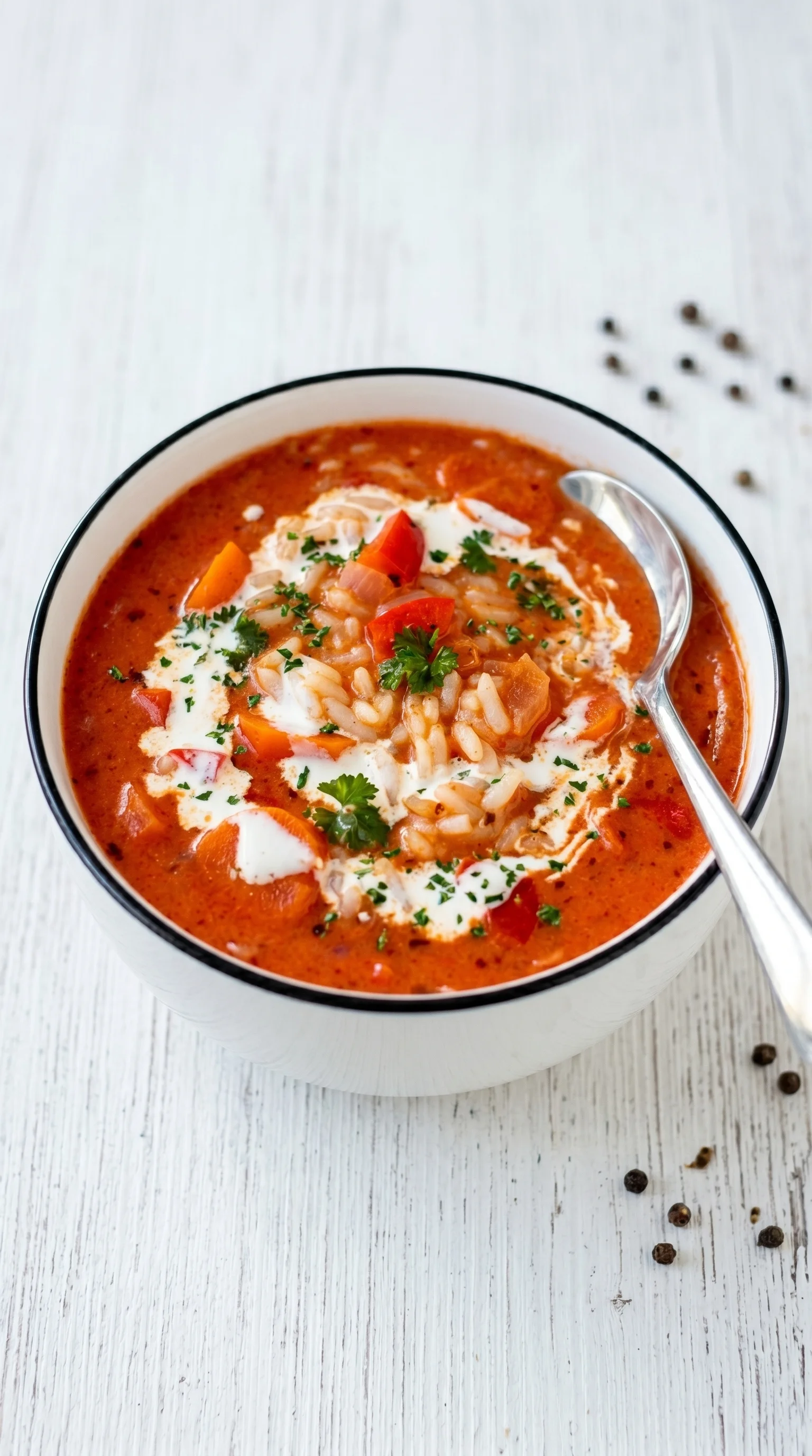 A bowl of soup with rice and tomatoes.