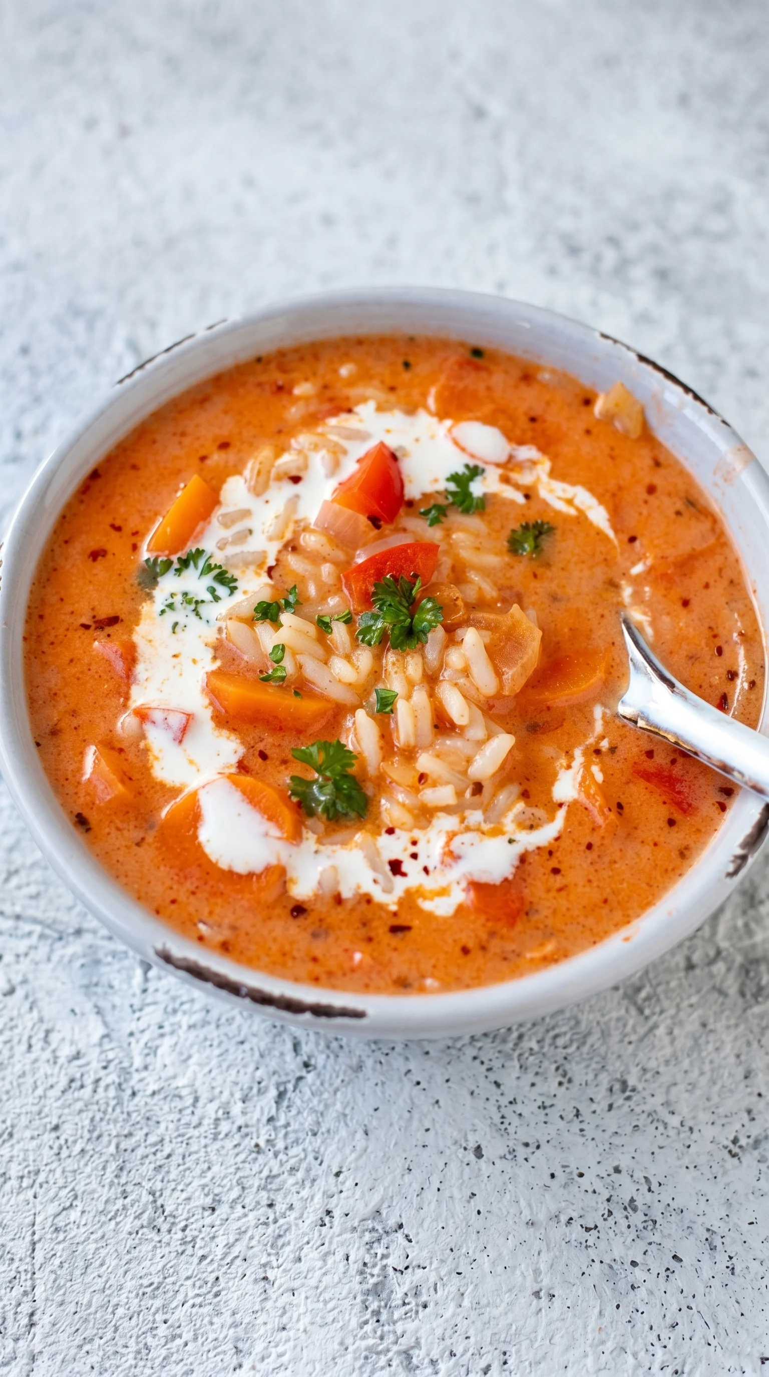 A bowl of tomatensuppe mit reis.