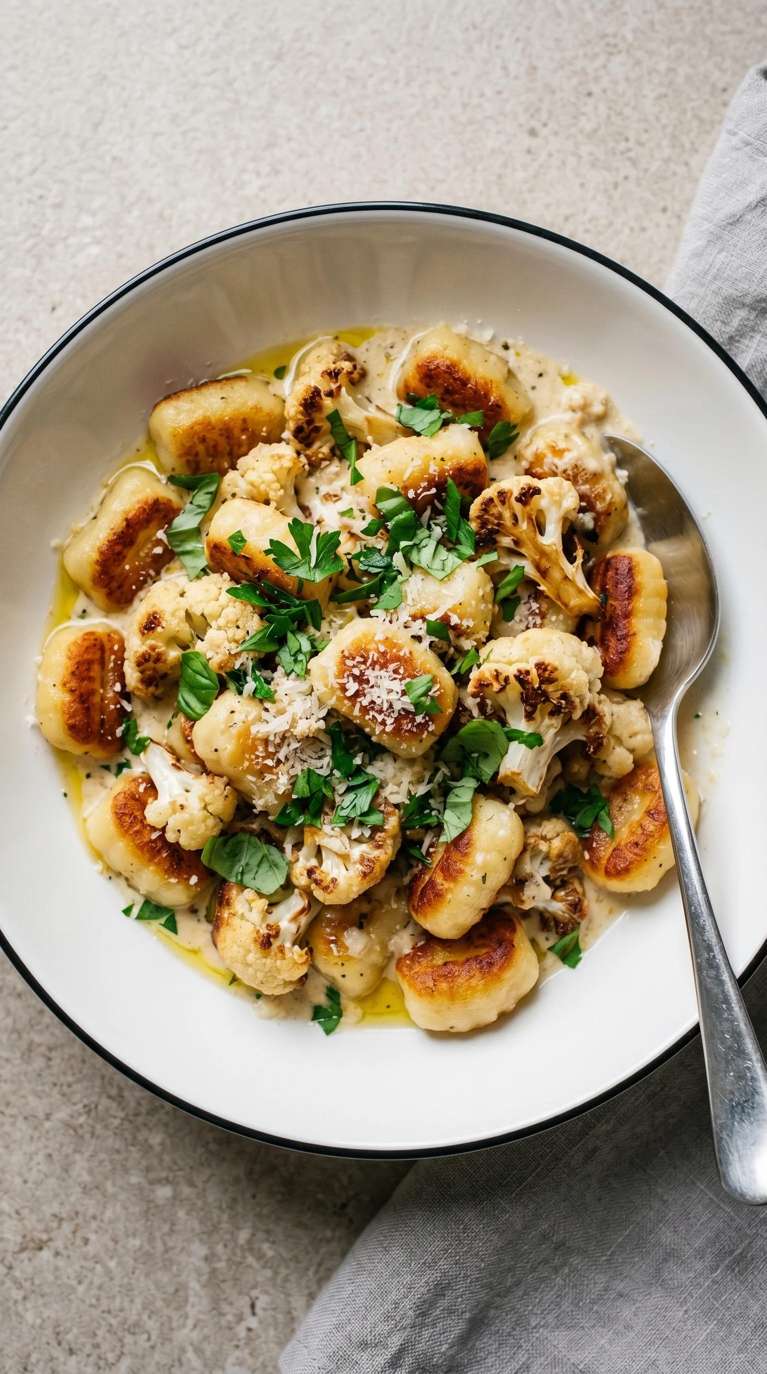 A white bowl filled with gnocchi and cauliflower.