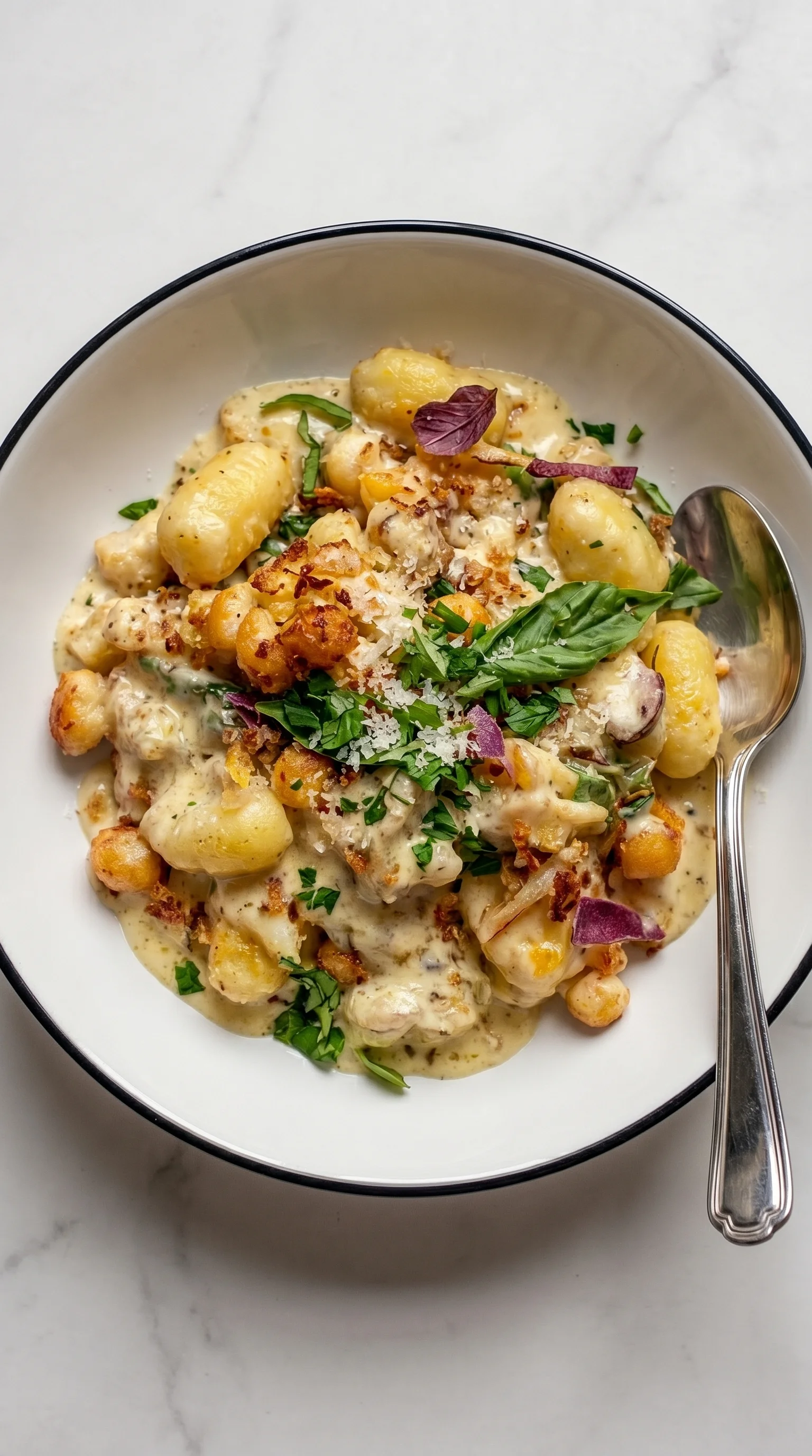 A bowl of gnocchi with a spoon in it.