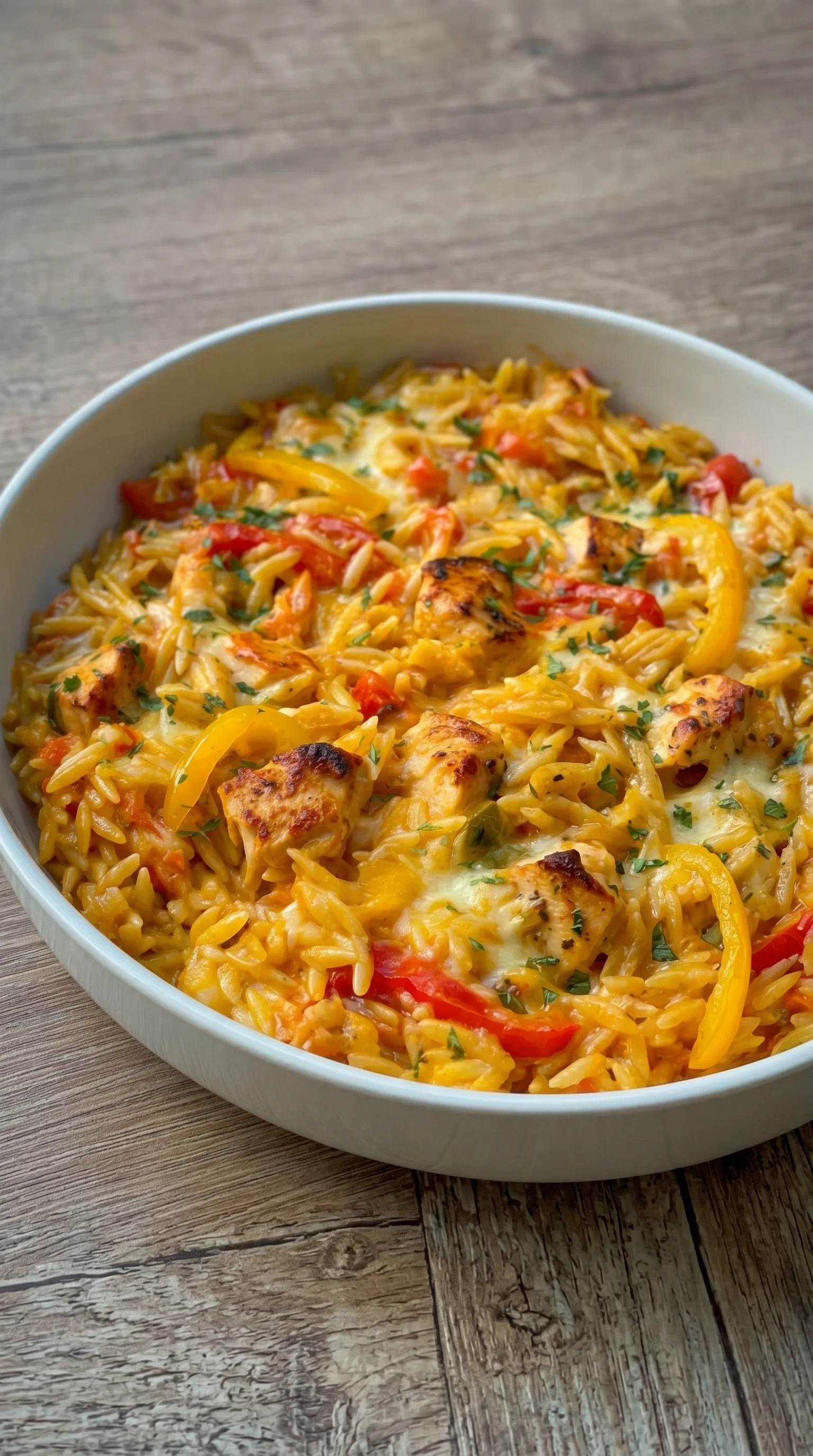 A bowl of rice with chicken and peppers.