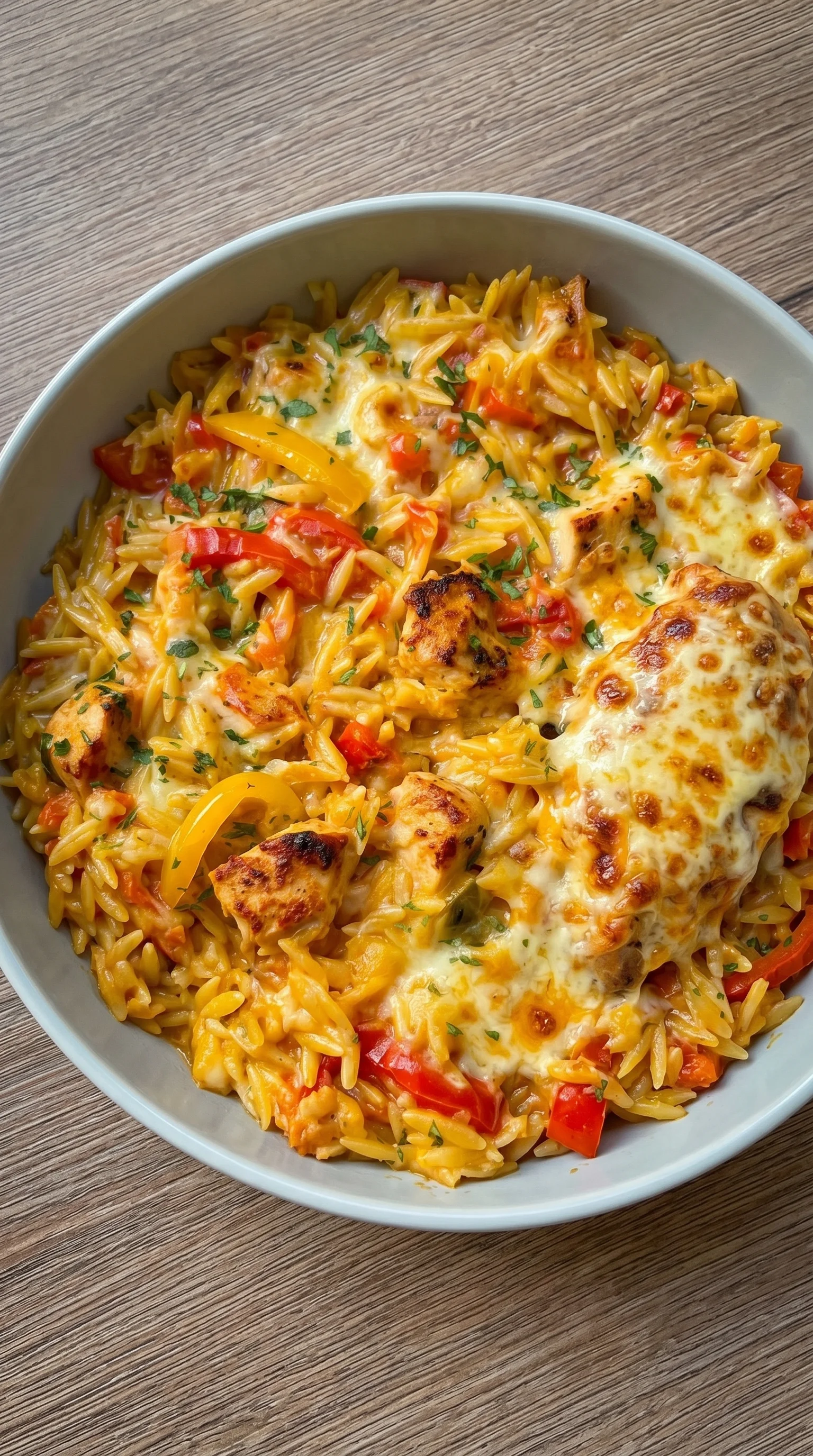 A bowl of pasta with chicken and peppers.