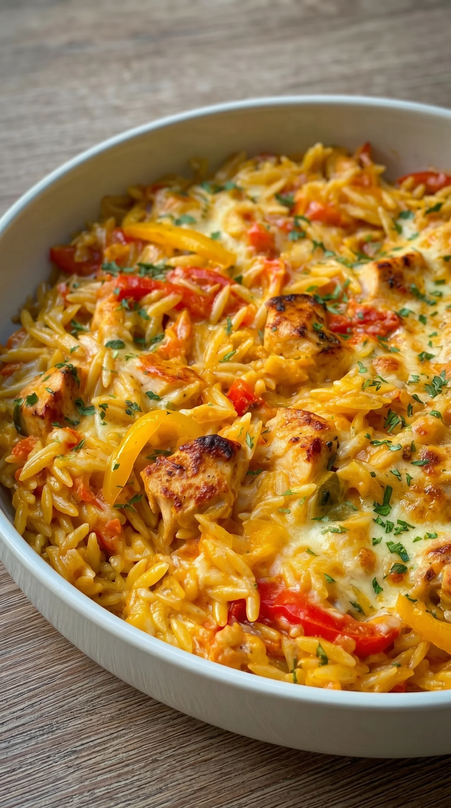 A bowl of pasta with chicken and peppers.