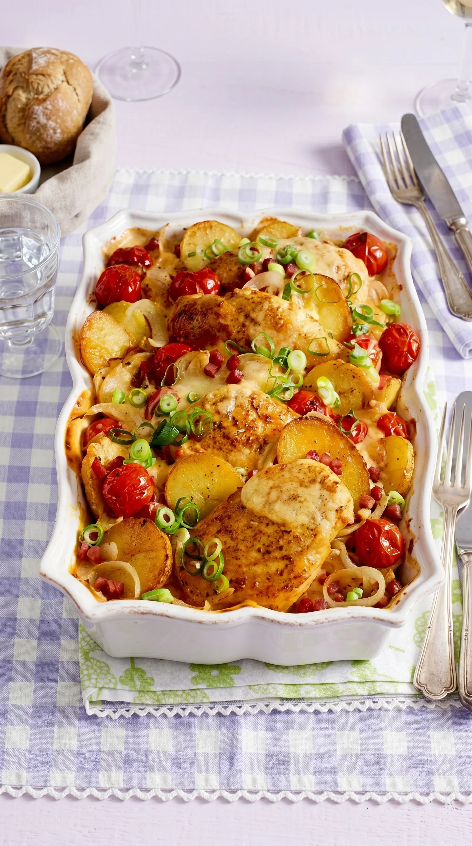 A dish of chicken and potatoes.
