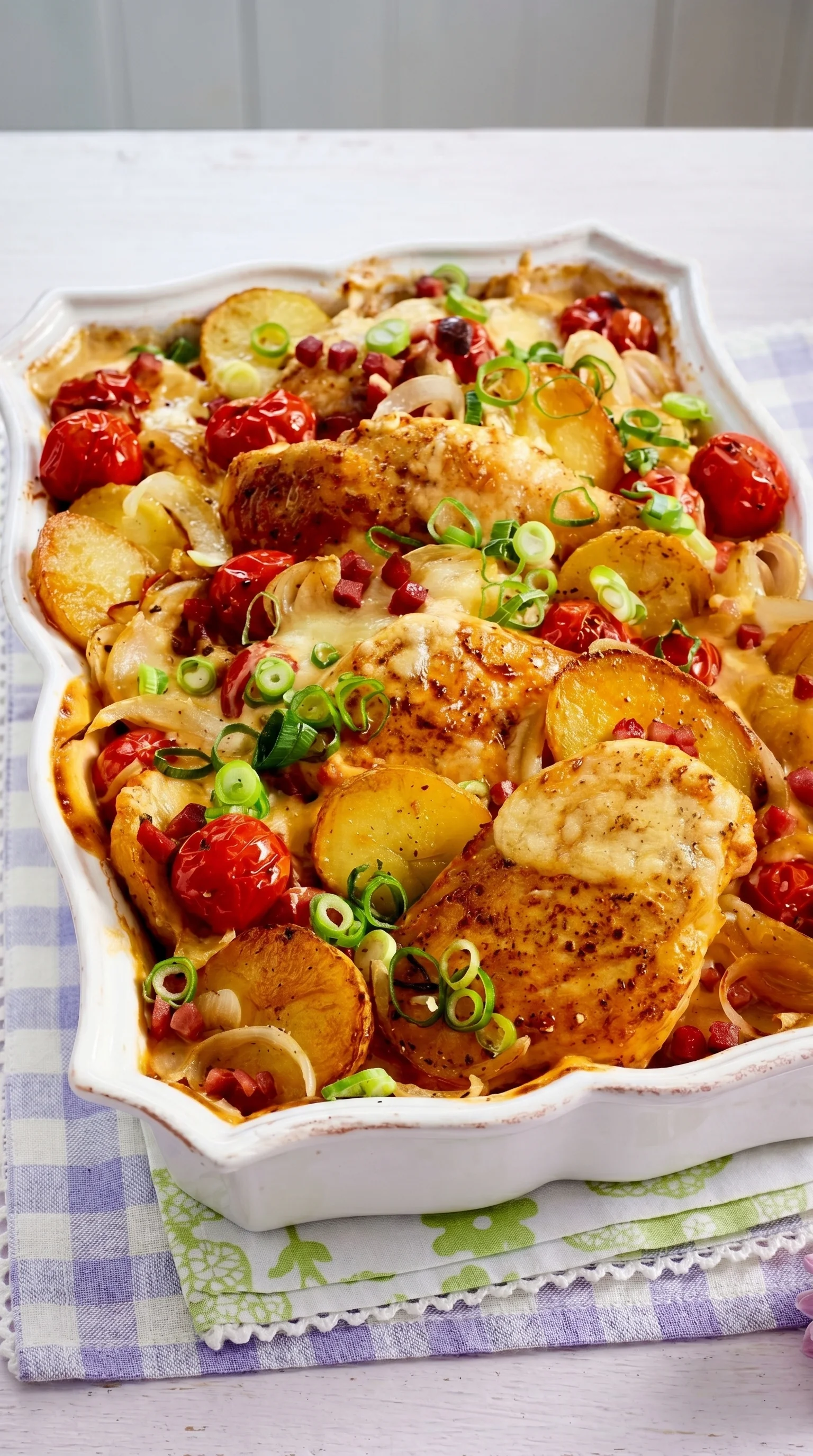 A dish of chicken and potatoes.