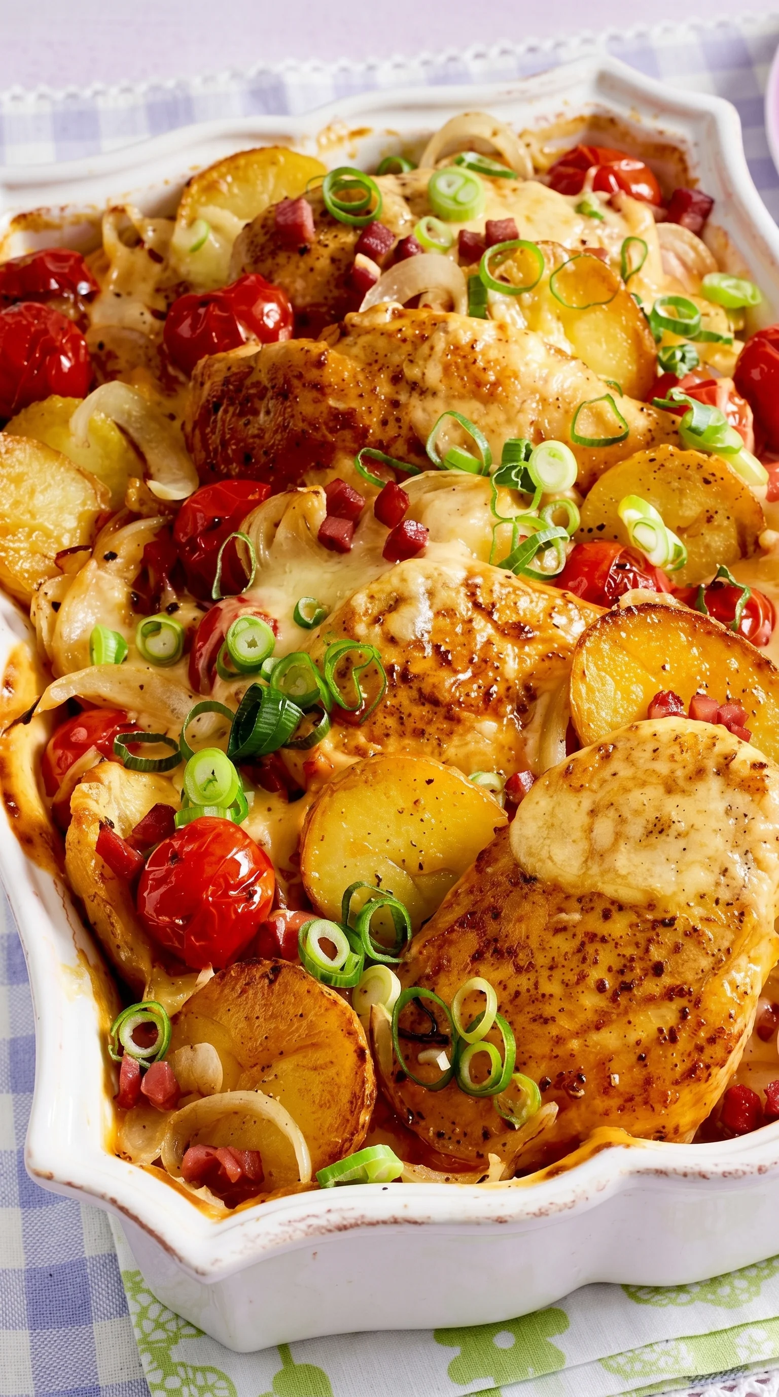 A dish of chicken and potatoes.
