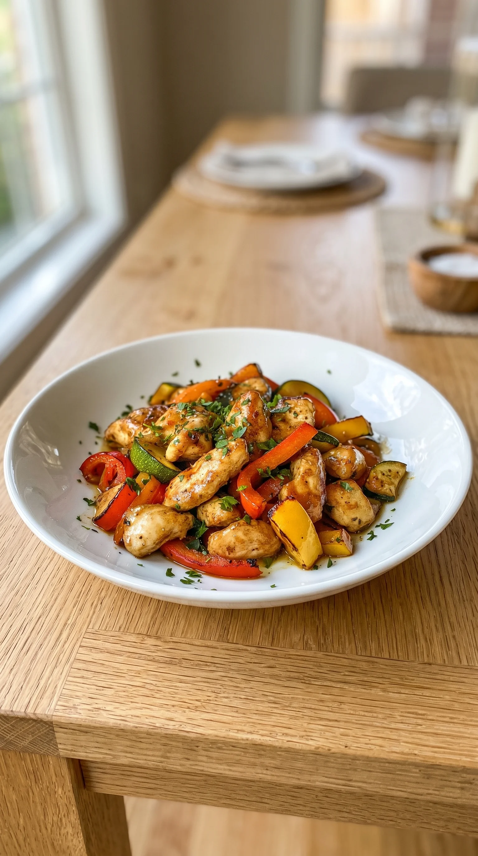 A white bowl filled with chicken and vegetables.