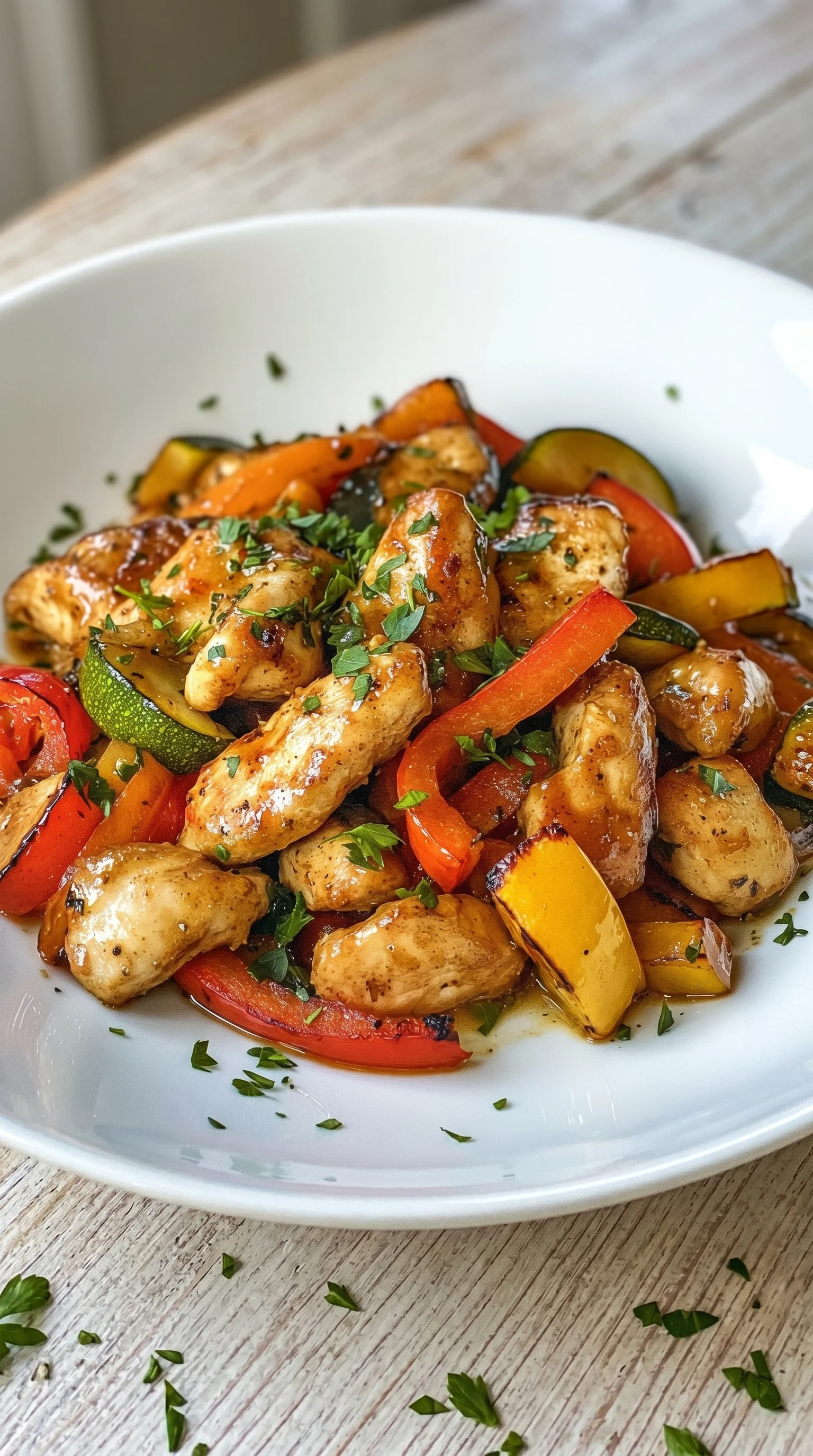 A plate of chicken with vegetables.