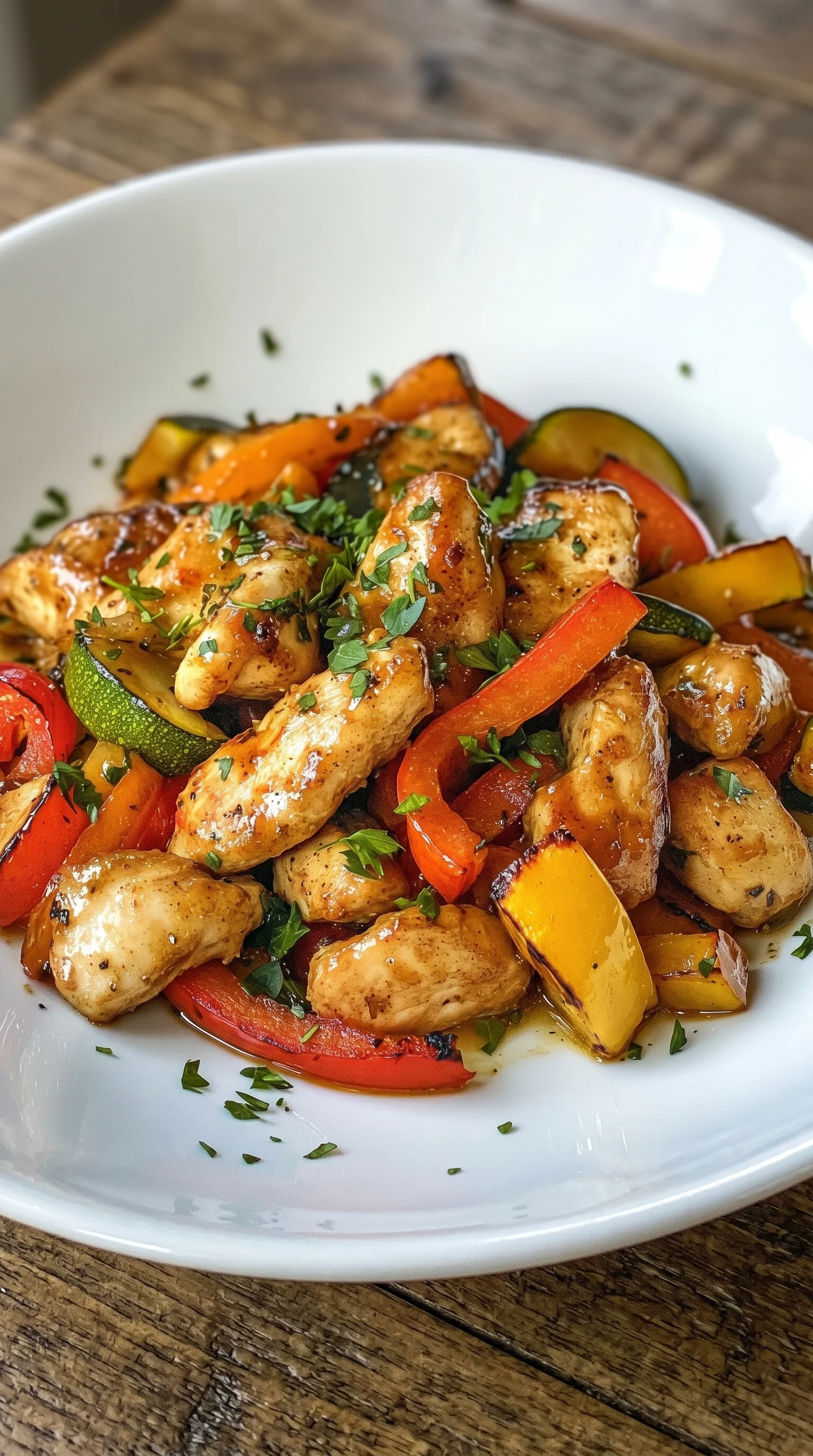 A plate of chicken with peppers and herbs.
