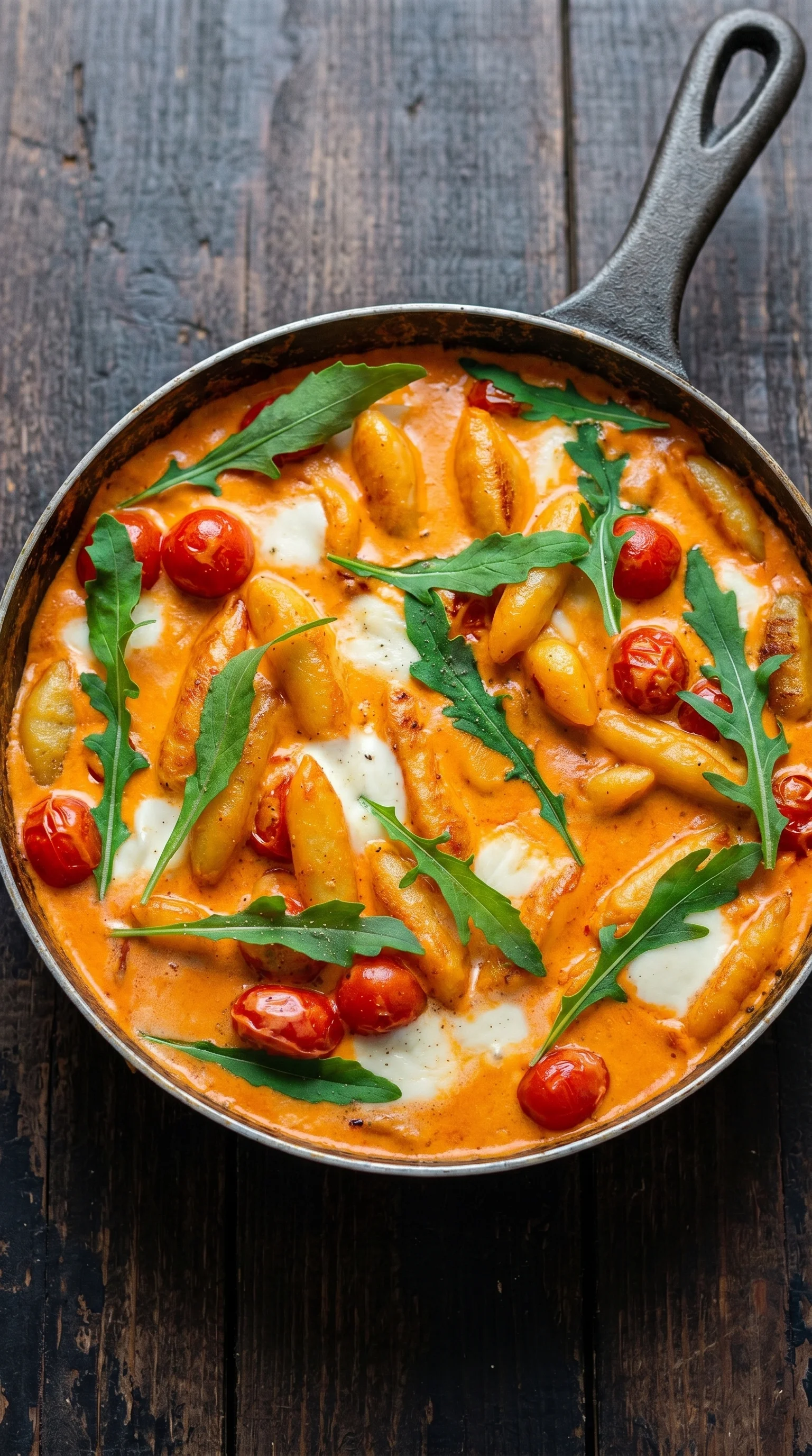 A pan of food with tomatoes and spinach.
