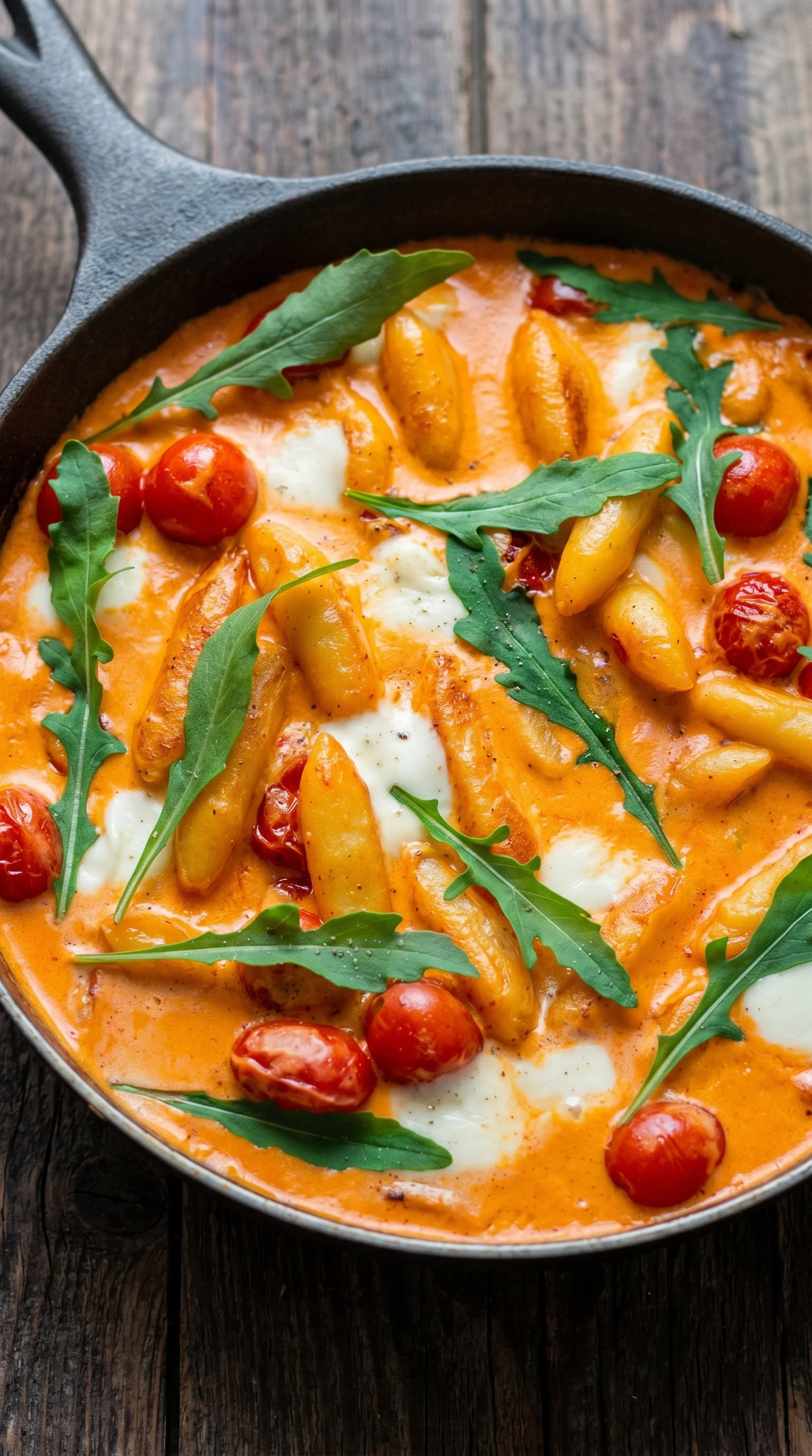 A close up of a Schupfnudelpfanne with tomatoes and cheese.
