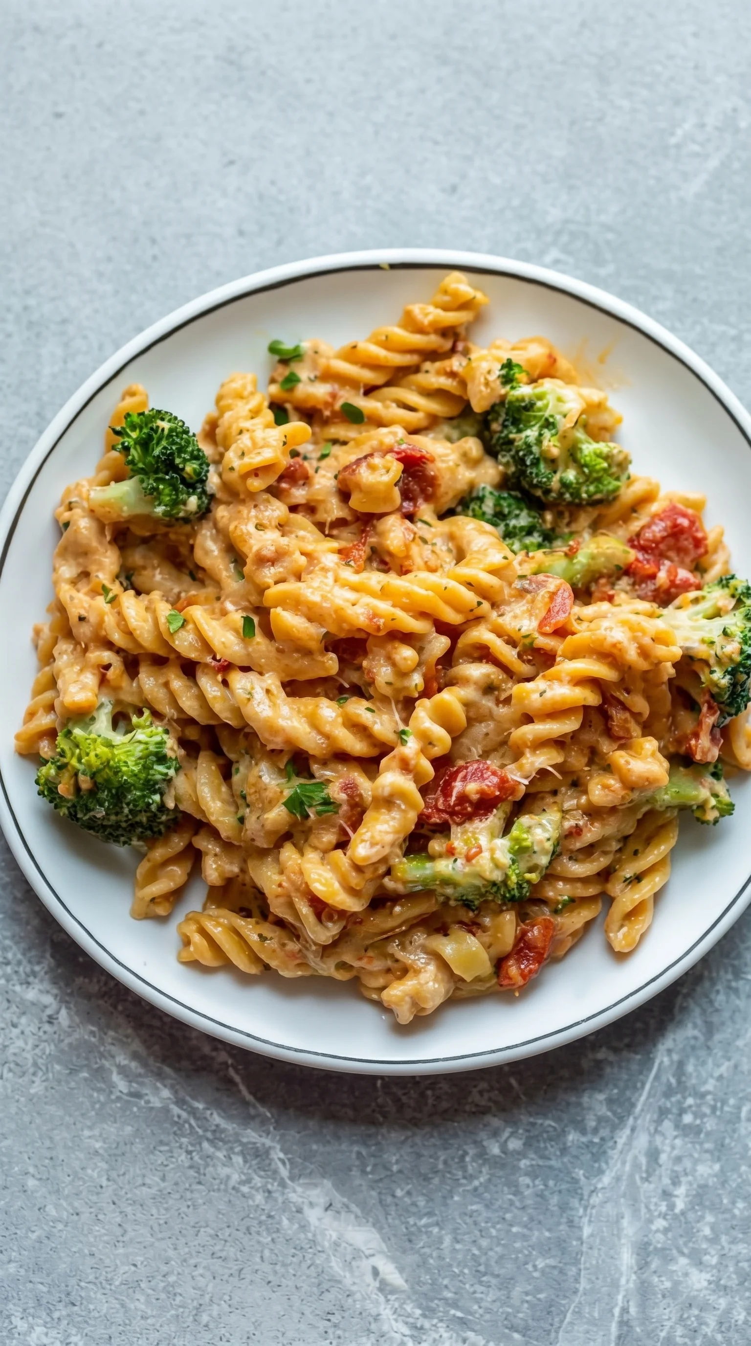 A plate of pasta with broccoli and tomatoes.