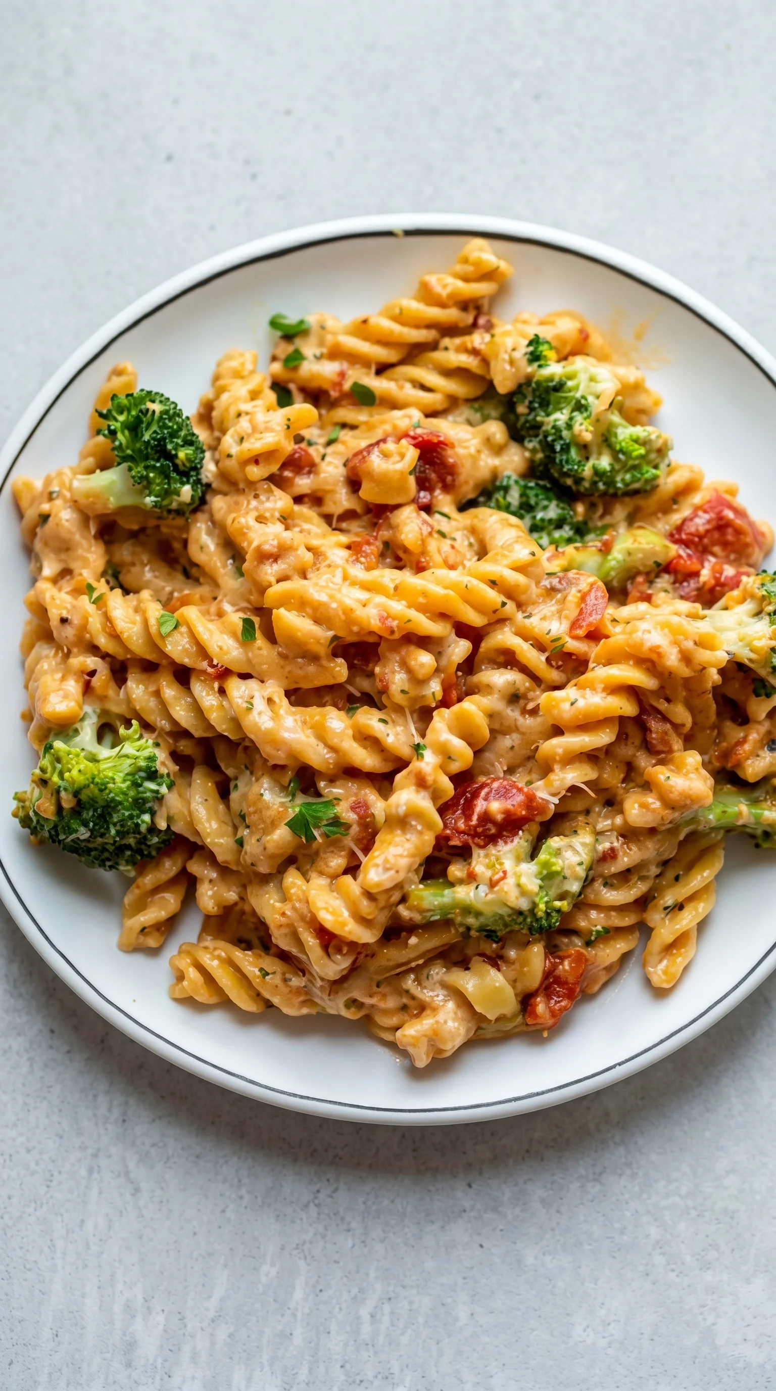 A plate of pasta with broccoli and tomato sauce.