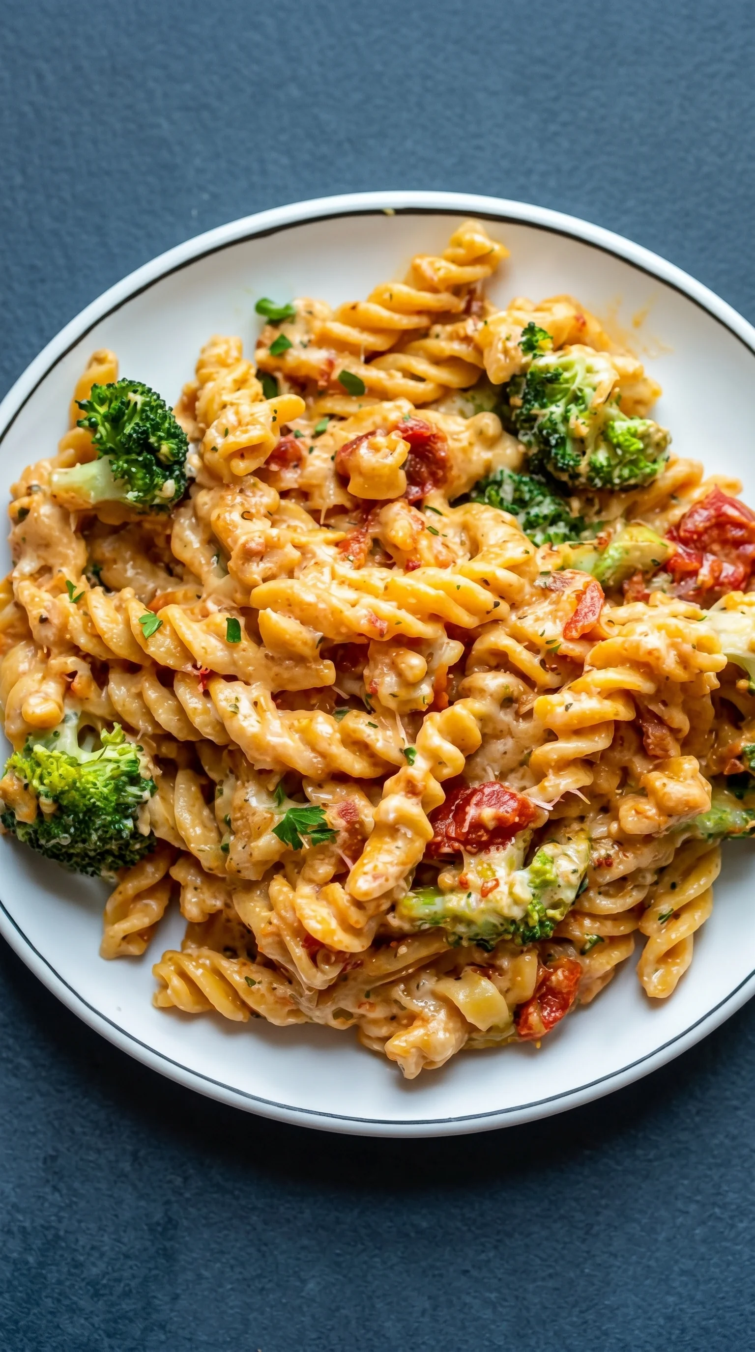 A plate of pasta with broccoli and tomato sauce.
