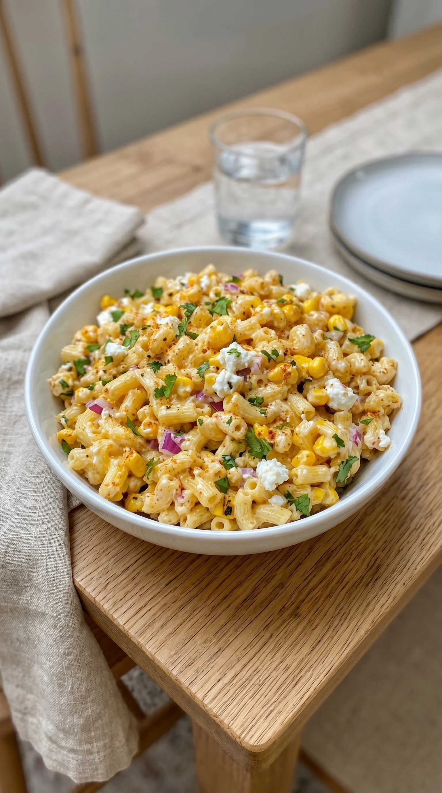 A bowl of pasta with corn and cheese.