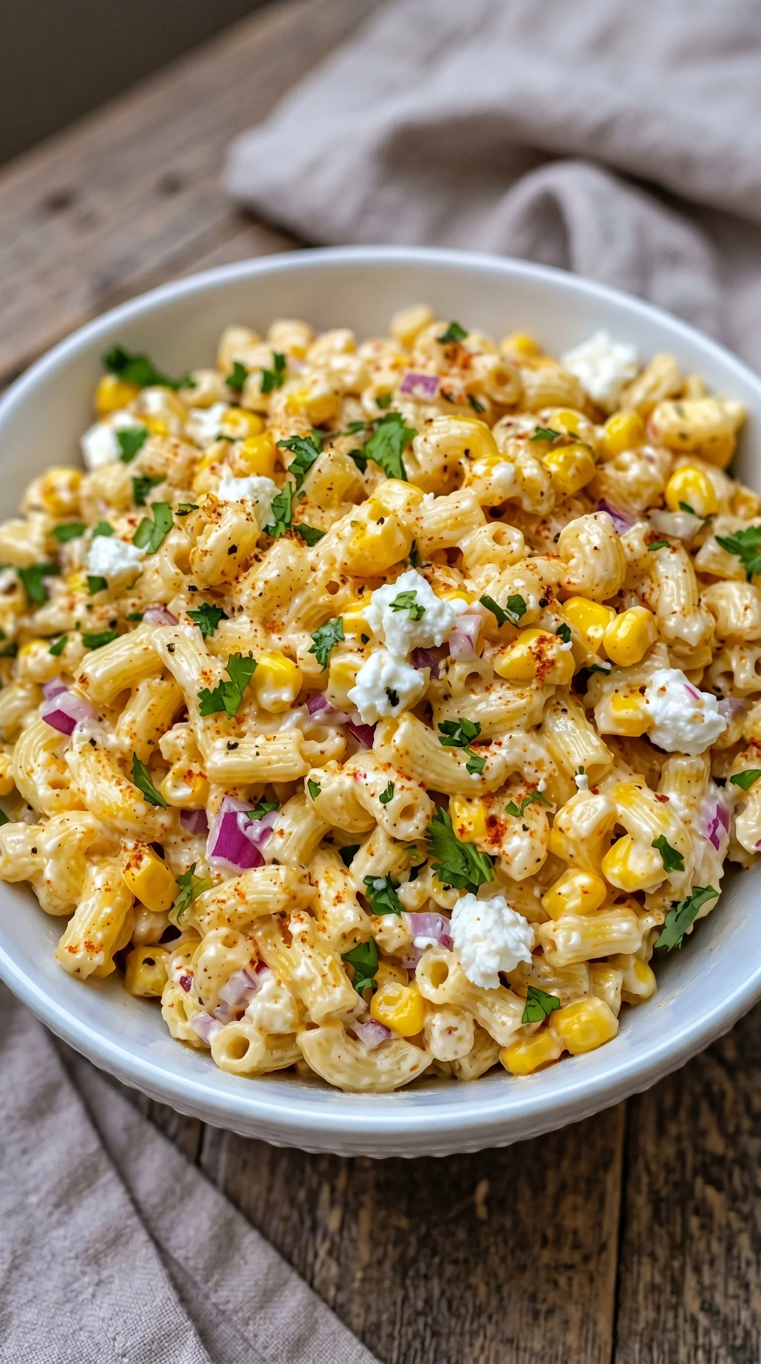 A bowl of pasta with corn and cheese.