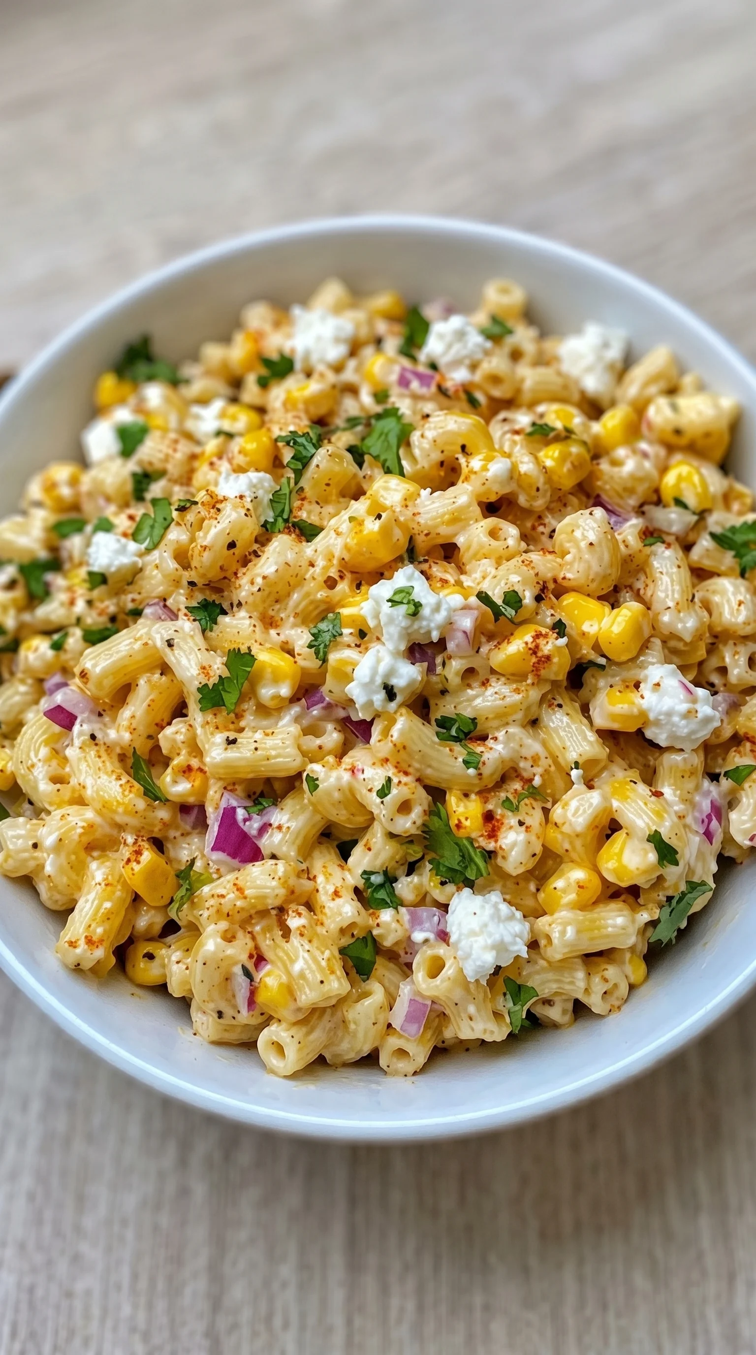A bowl of pasta with corn and cheese.