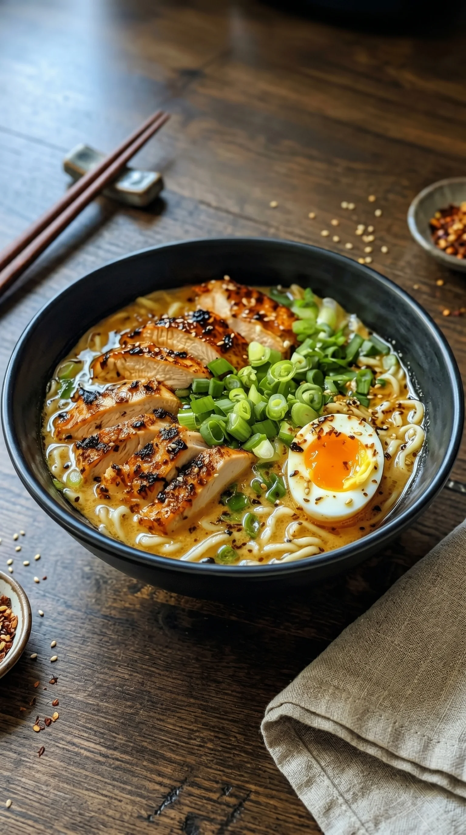 A bowl of ramen with chicken and vegetables.