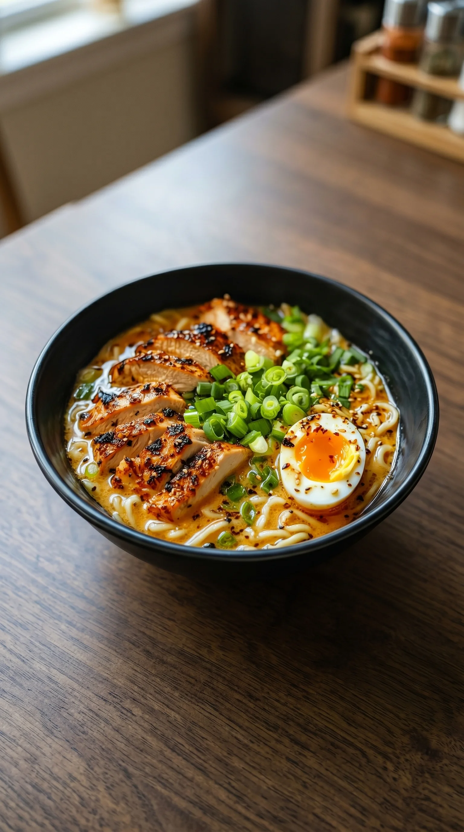 A bowl of noodles with chicken and vegetables.