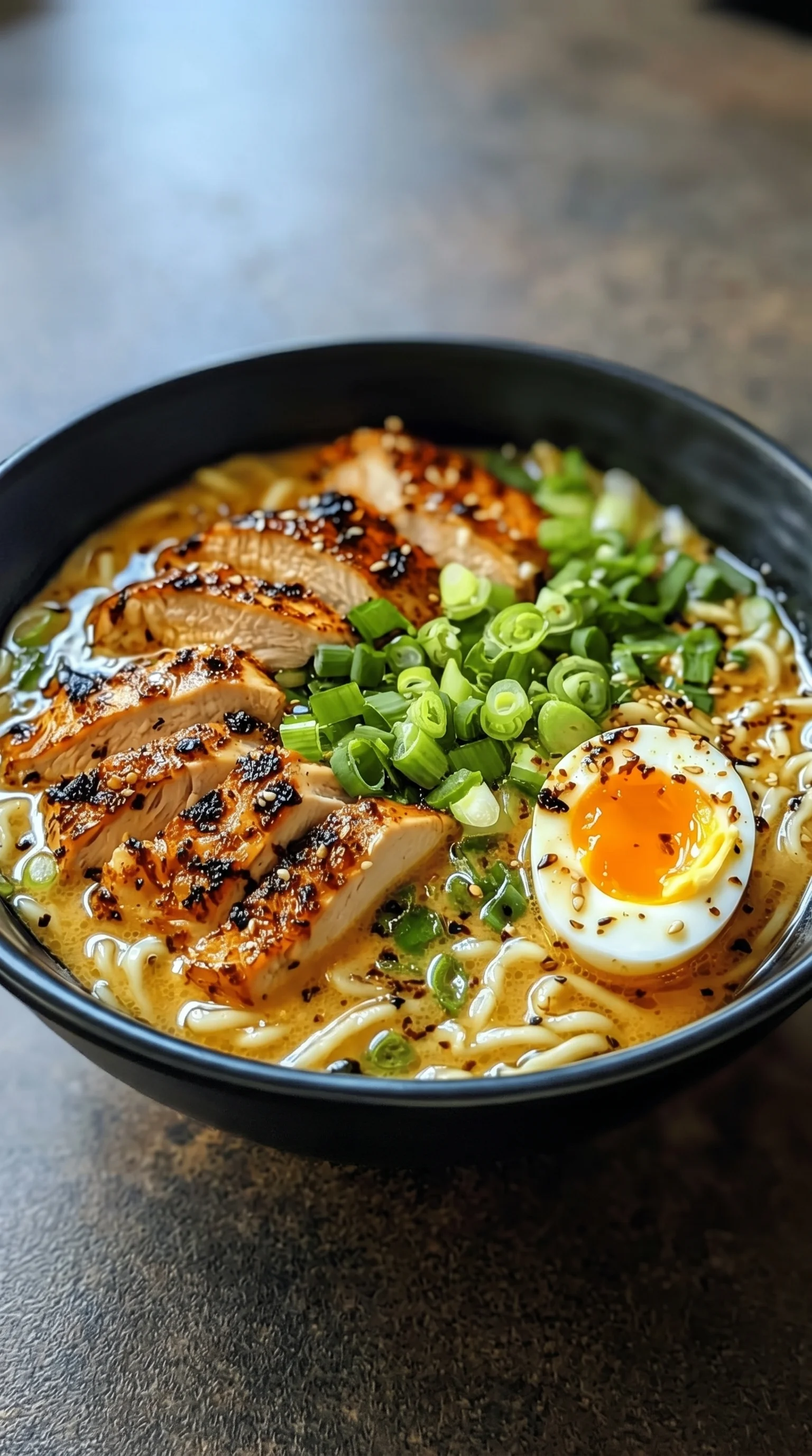 A bowl of ramen with chicken and vegetables.
