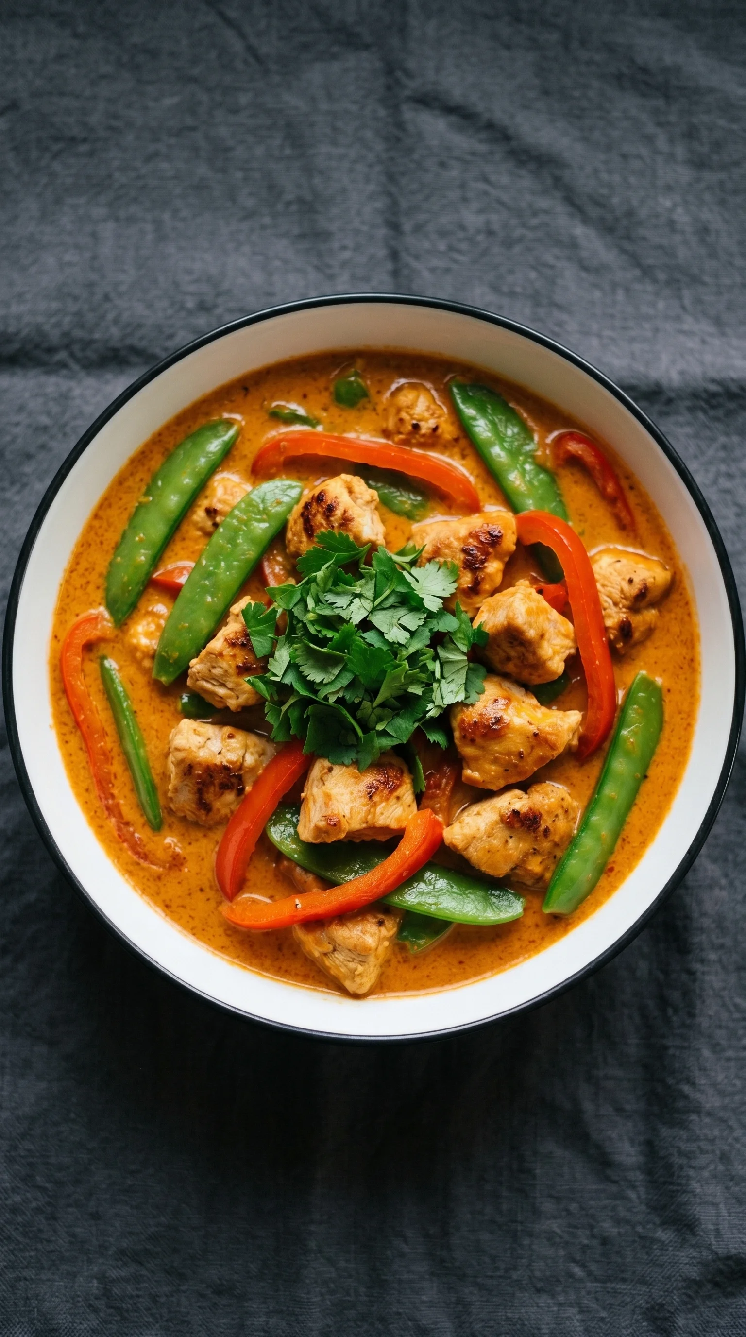 A bowl of chicken curry with peppers and green onions.