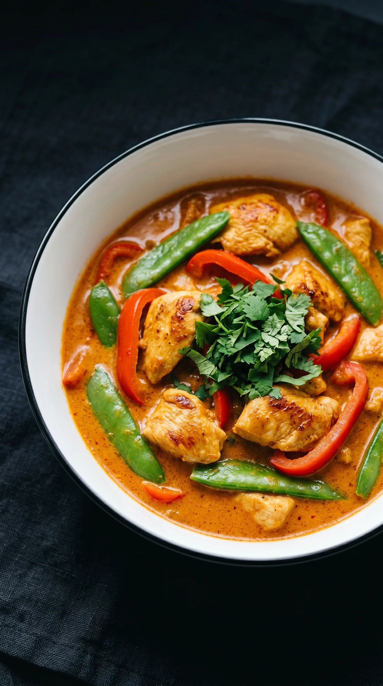 A bowl of chicken curry with green beans and peppers.