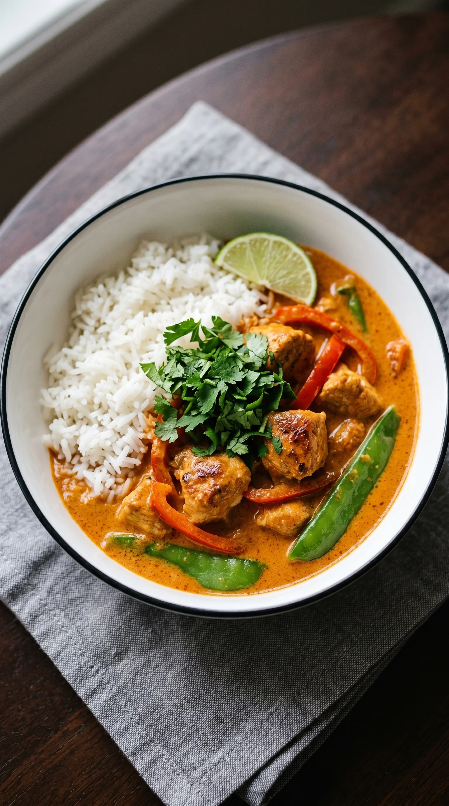 A bowl of rice and meat with a green garnish.