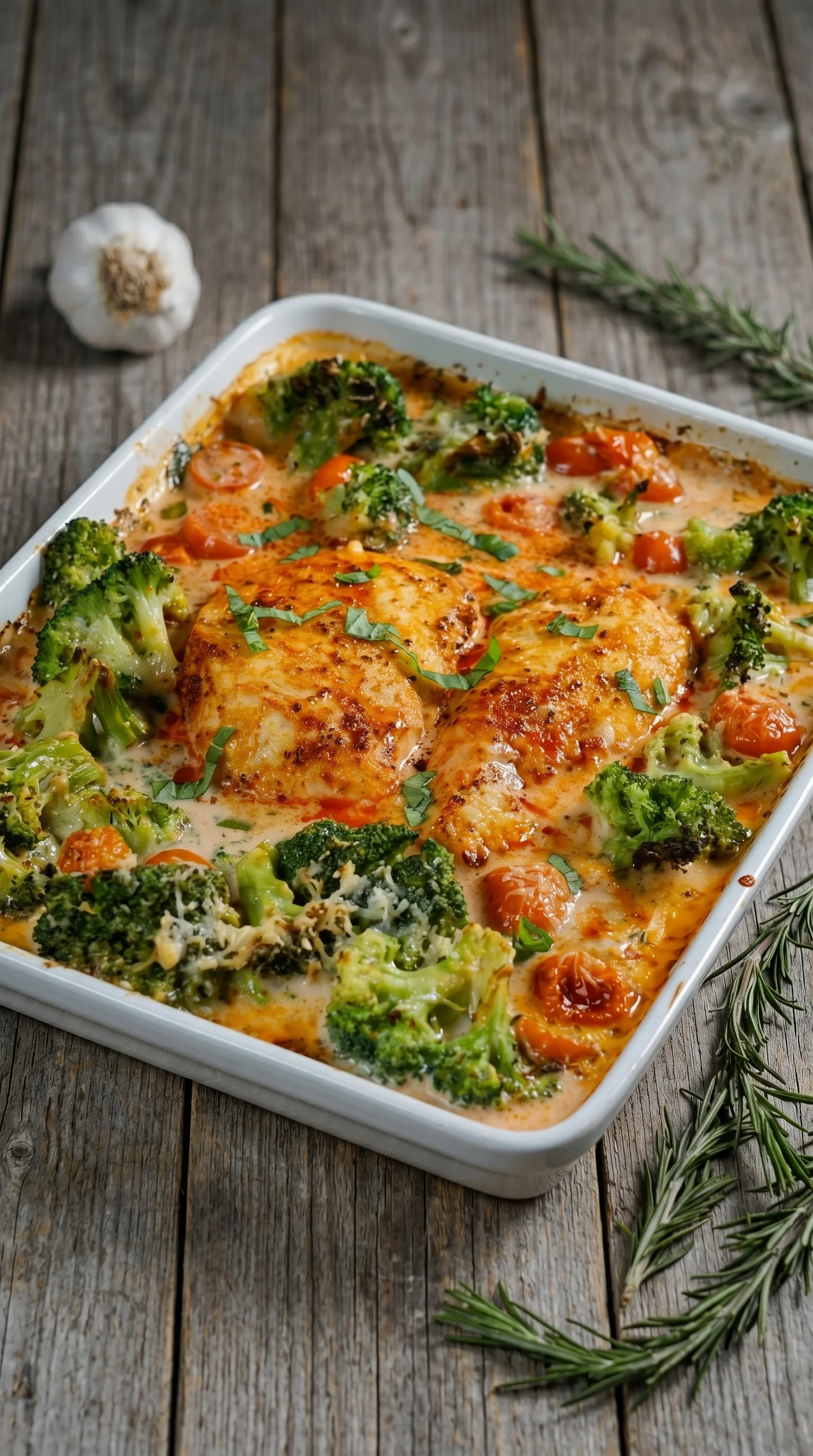 A white dish with broccoli and chicken.