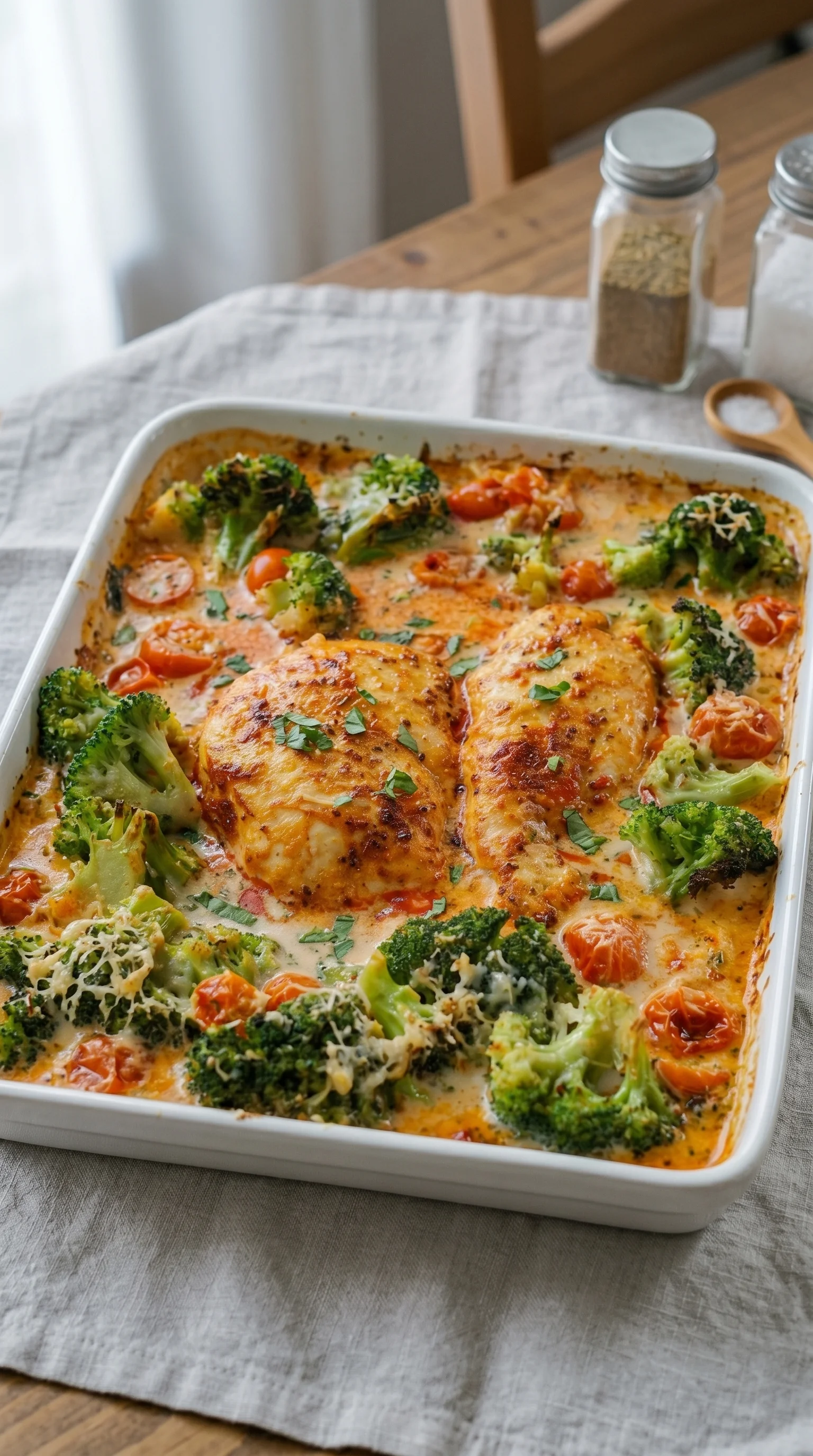 A dish with chicken and broccoli.