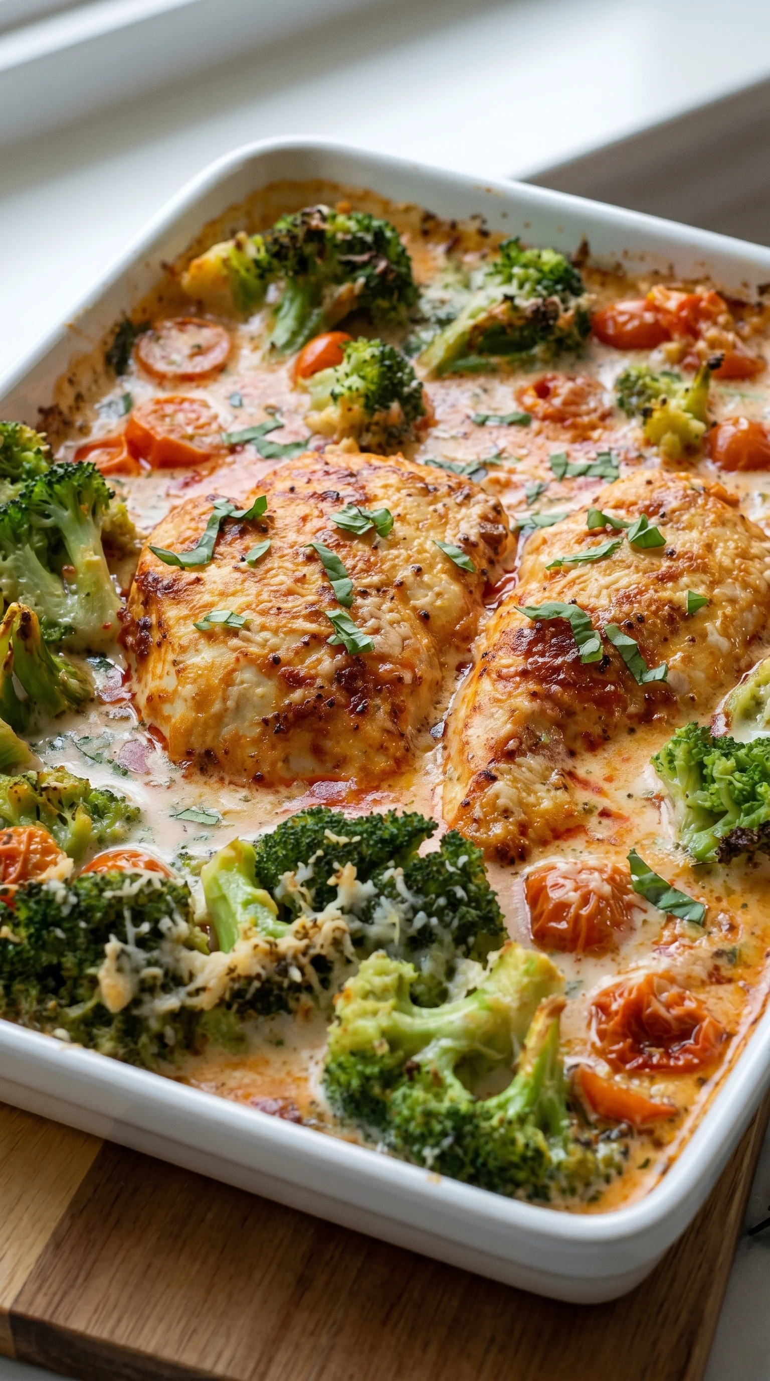 A dish of chicken with broccoli and tomatoes.