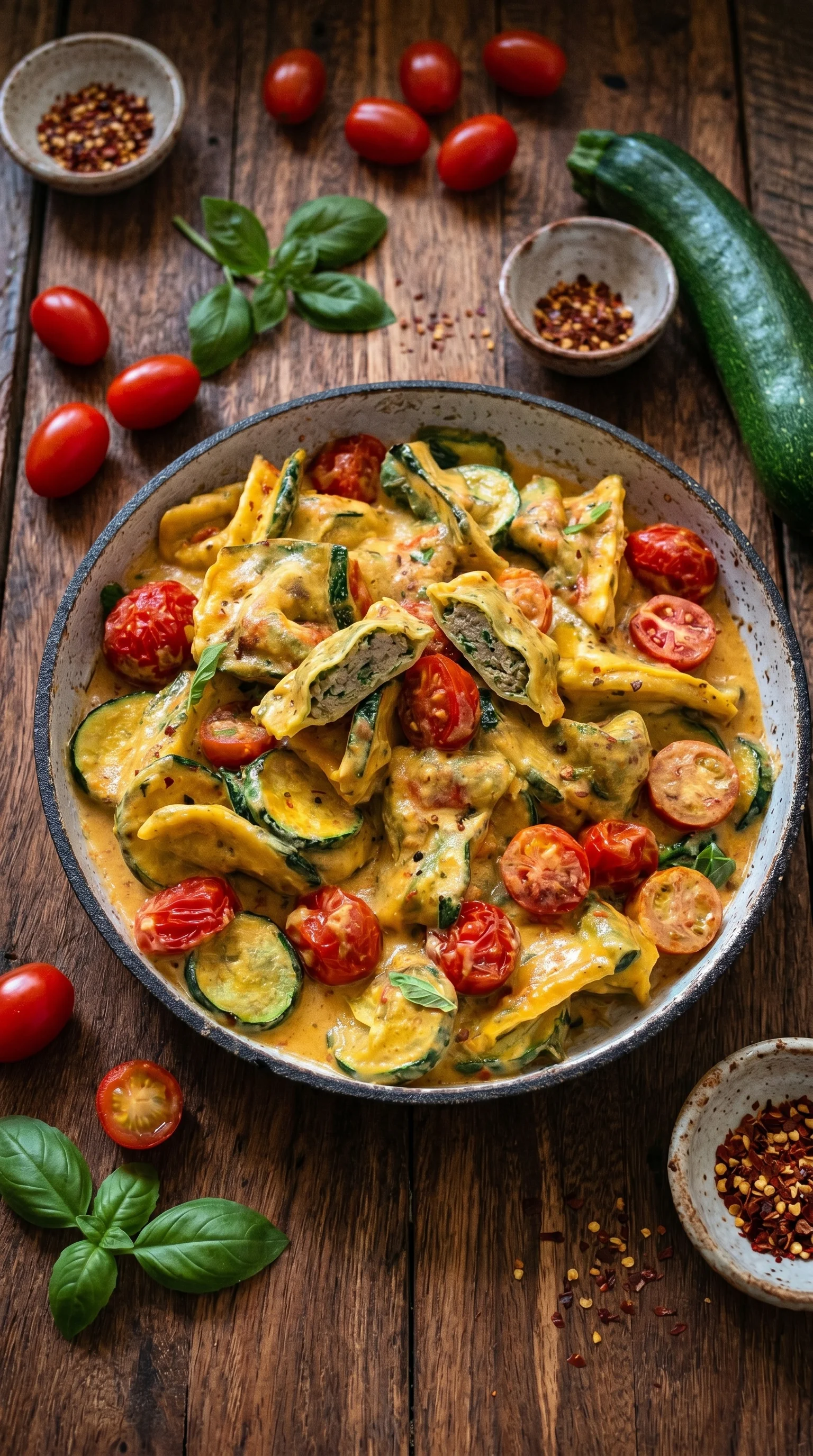 A bowl of food with tomatoes and zucchini.