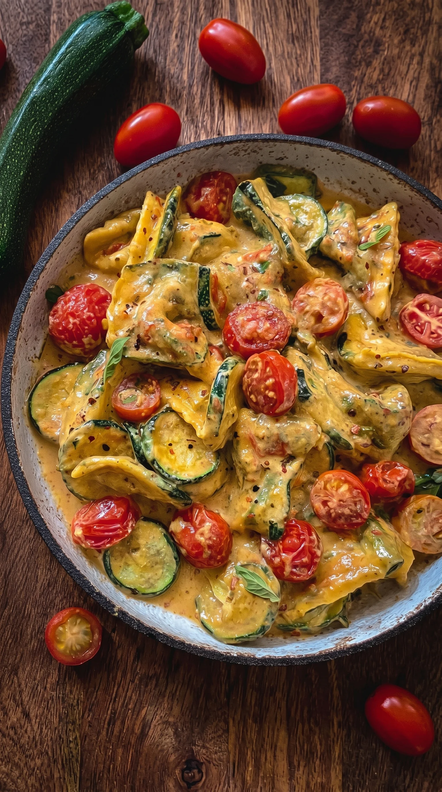 A bowl of food with tomatoes and zucchini.