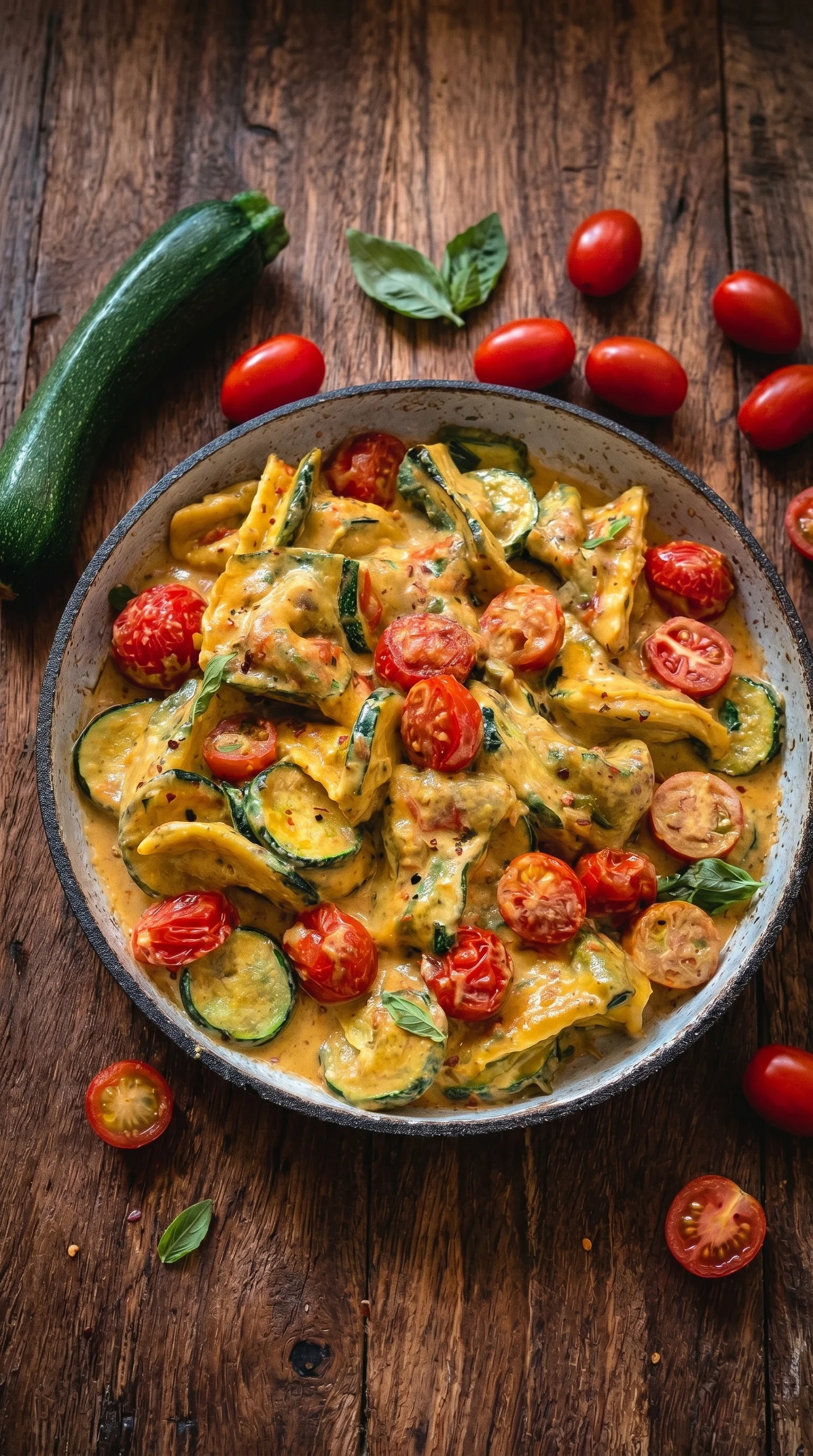A bowl of food with tomatoes and zucchini.