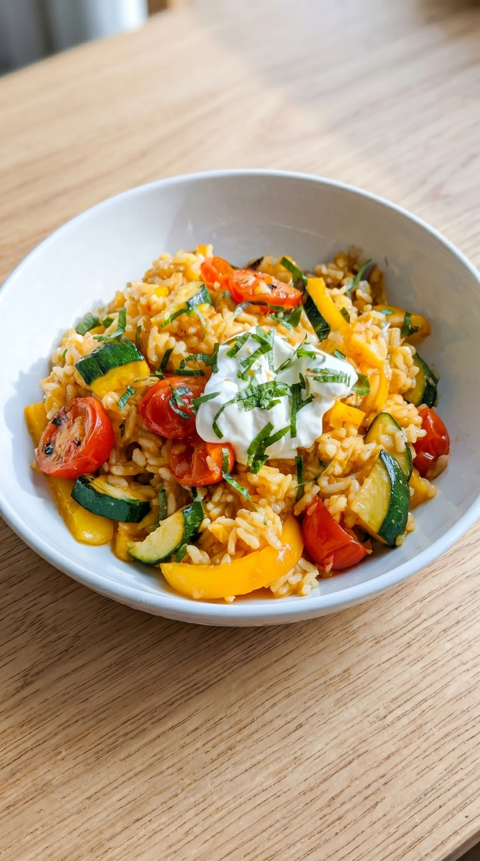 A bowl of rice with vegetables and a dollop of sour cream.