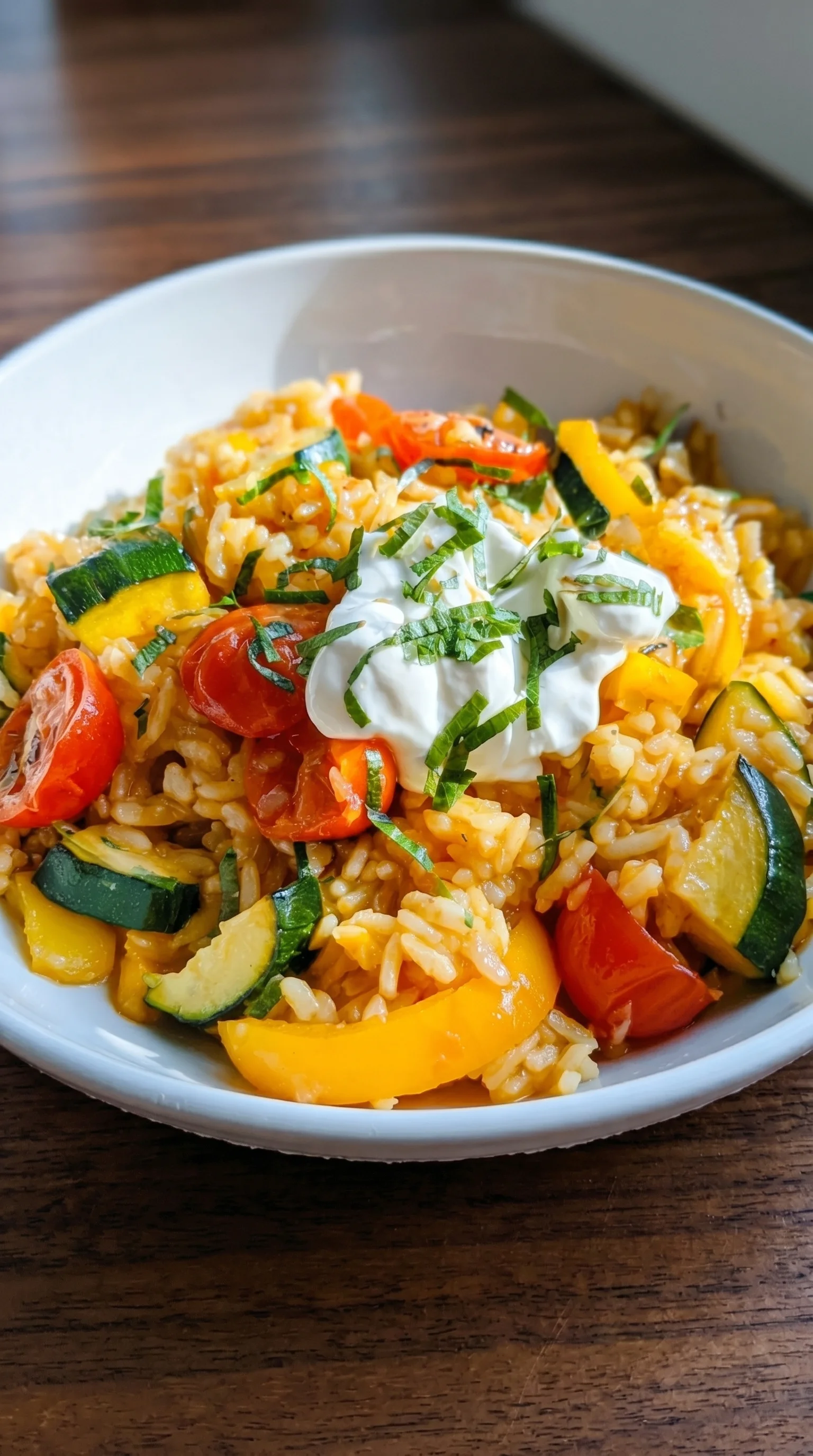 A bowl of rice with vegetables and cheese.