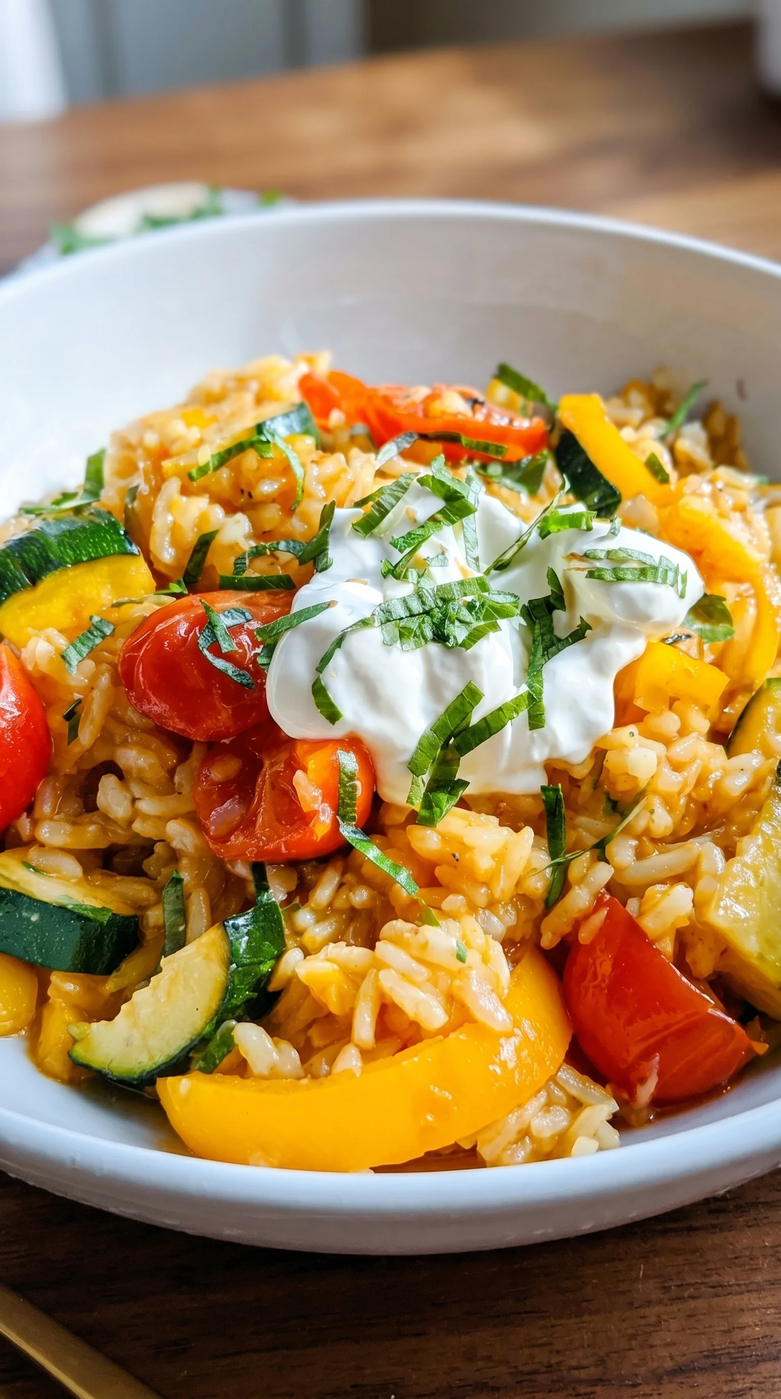 A bowl of rice with vegetables and a dollop of sour cream.