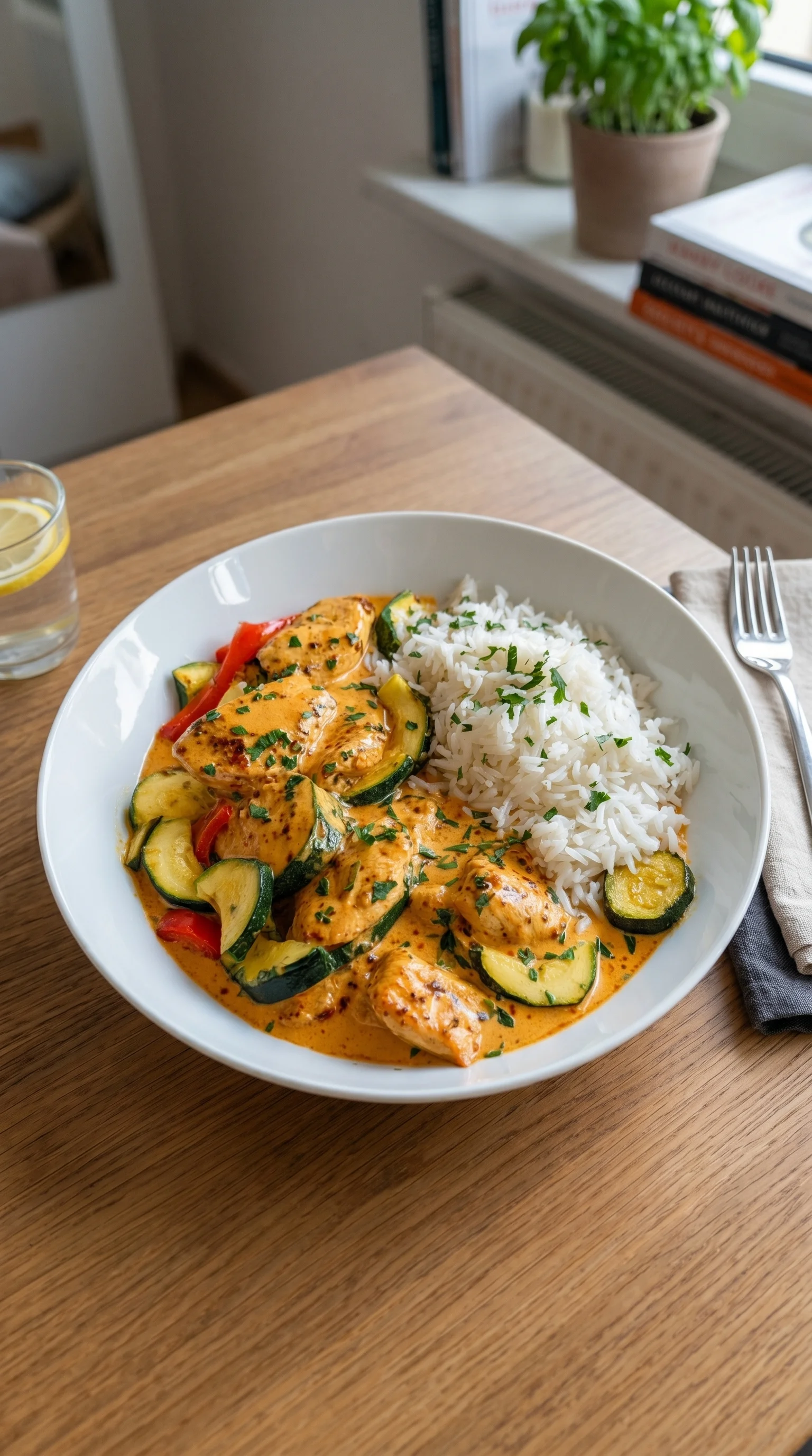 A plate of food with chicken, zucchini, and rice.
