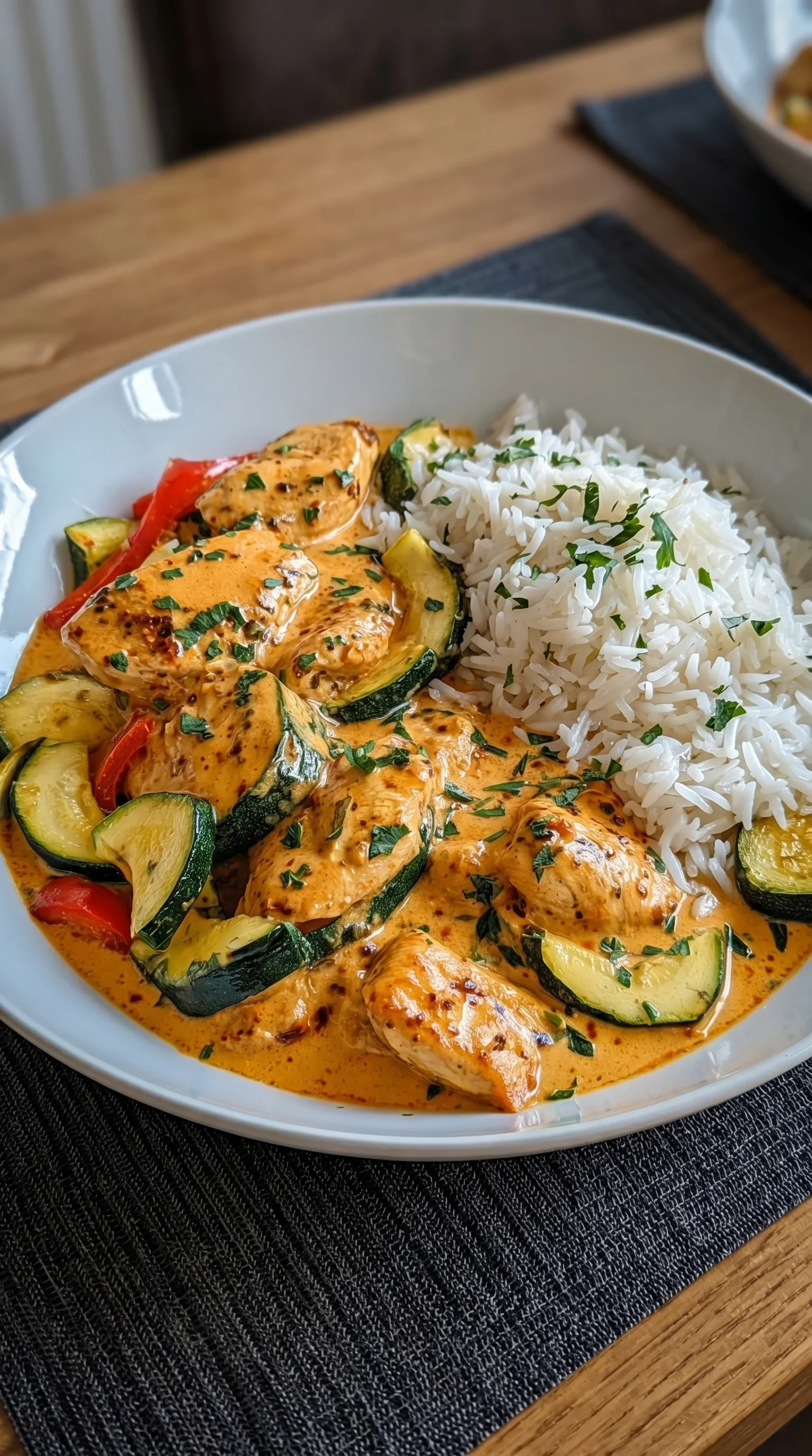 A plate of food with chicken, zucchini, and rice.