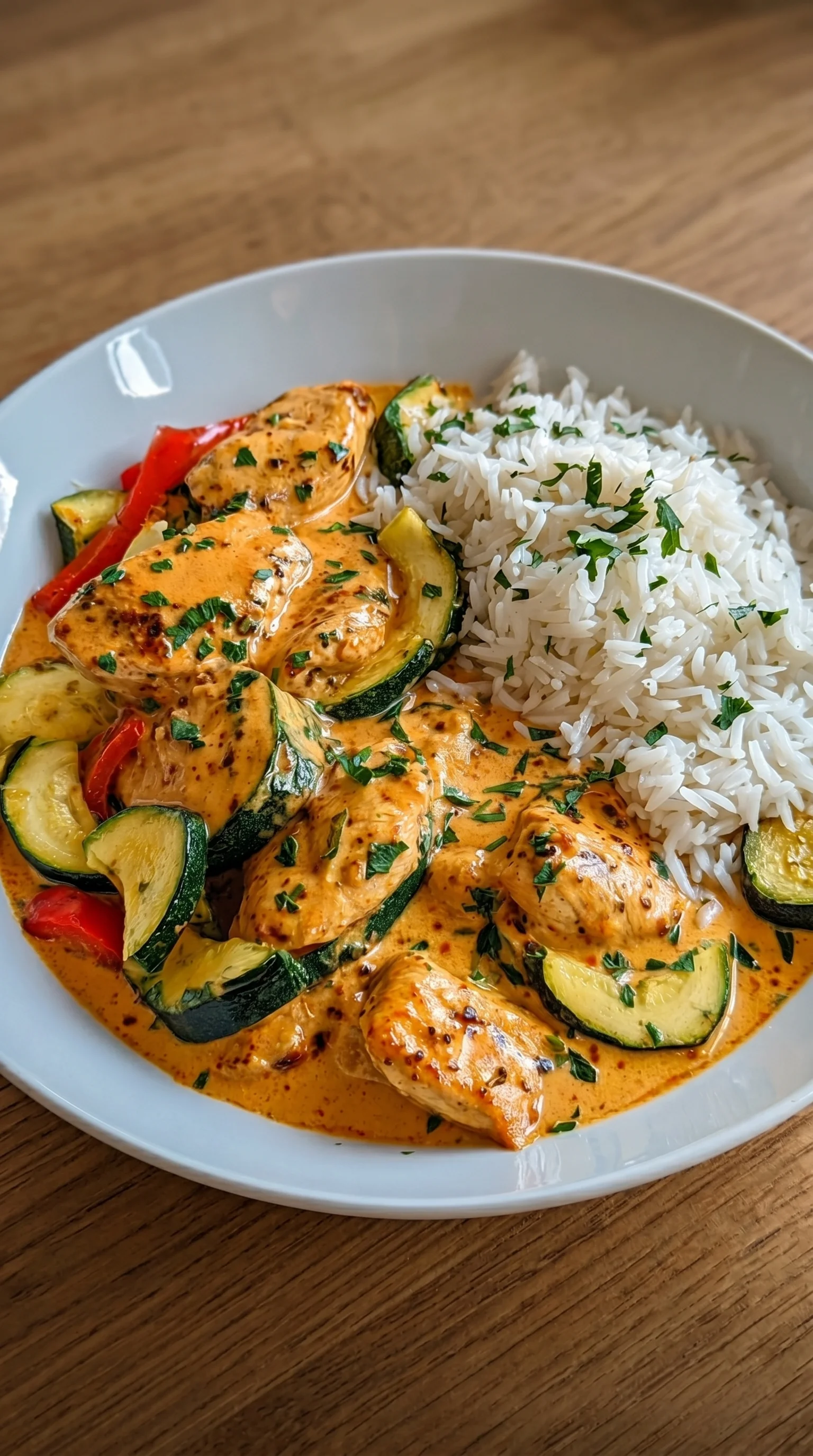 A plate of food with chicken, zucchini, and rice.