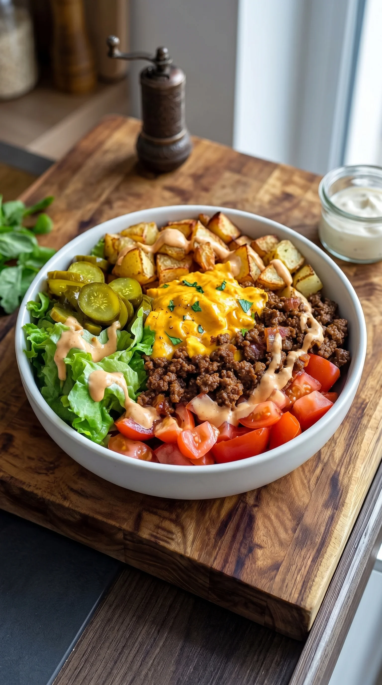 A bowl of food with a salad and meat.