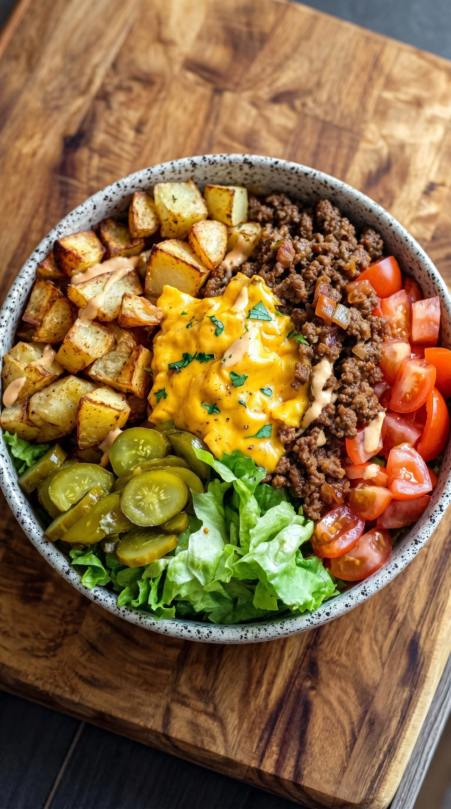 A bowl of food with a variety of ingredients including potatoes, lettuce, tomatoes, and meat.