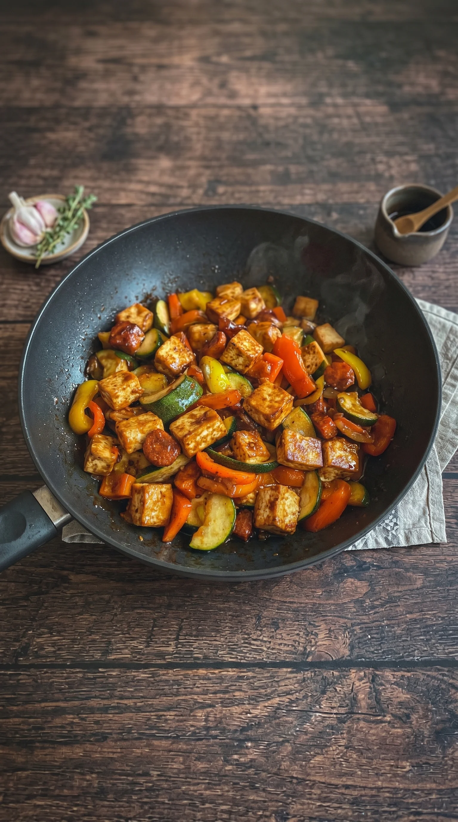 A pan of food with a variety of vegetables and tofu.
