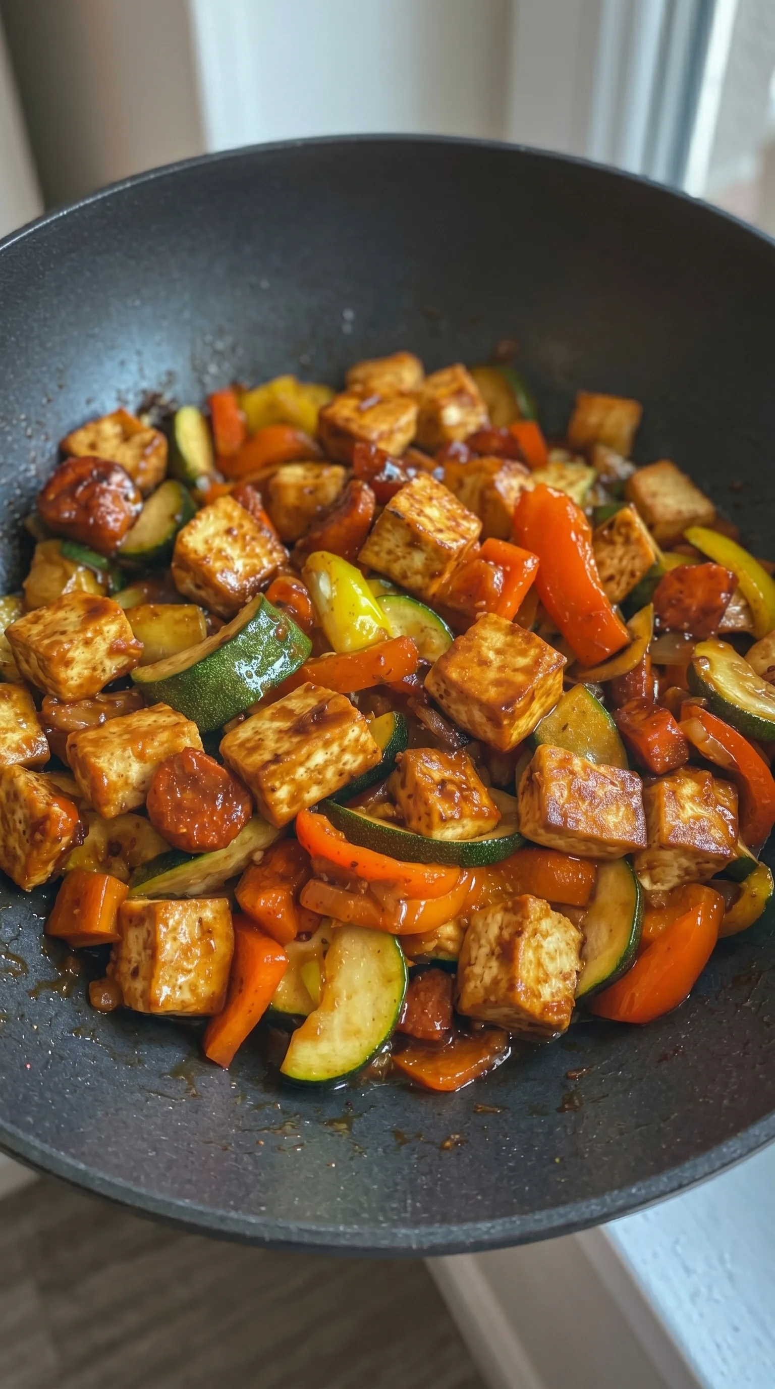 A pan of food with a variety of vegetables and tofu.