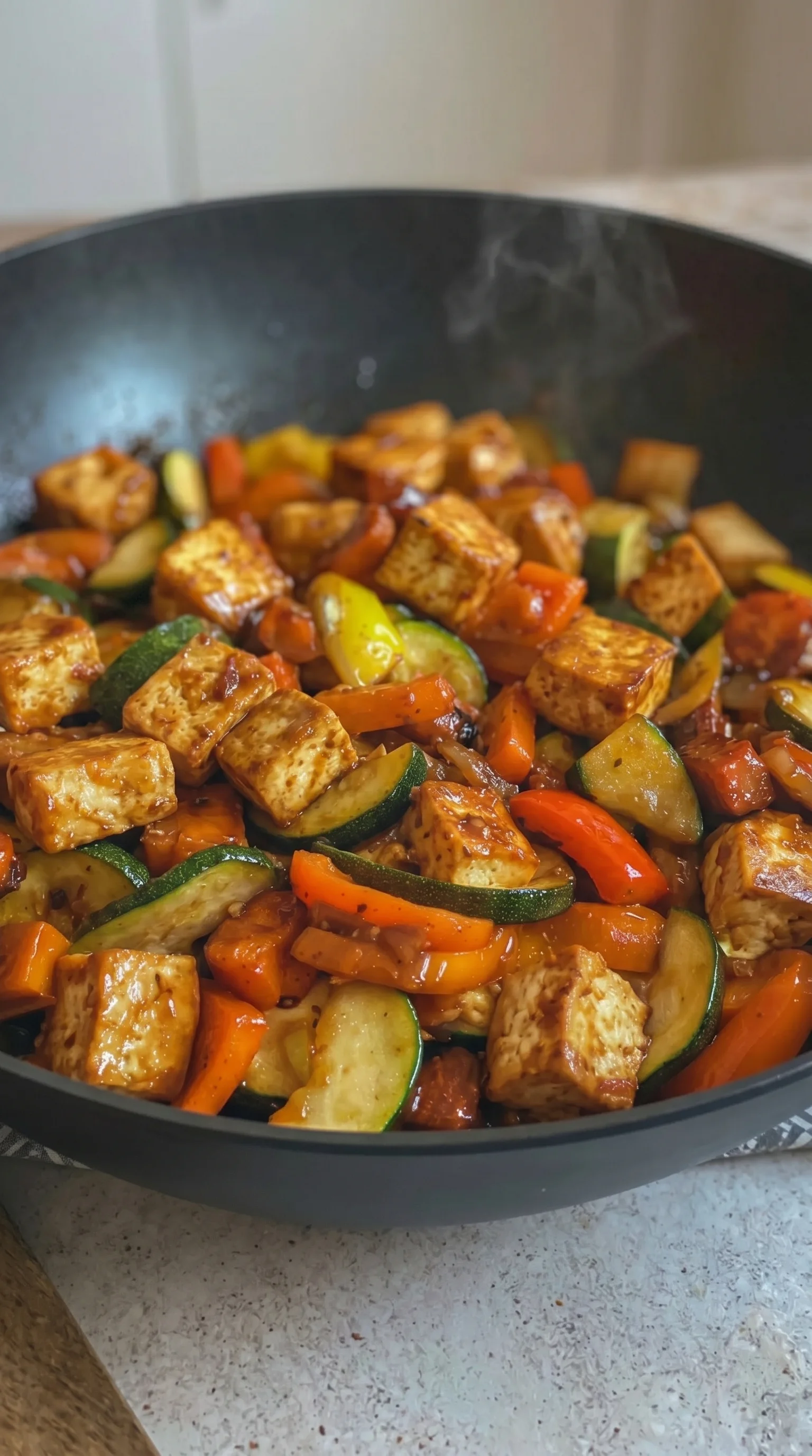 A bowl of food with zucchini and tofu.