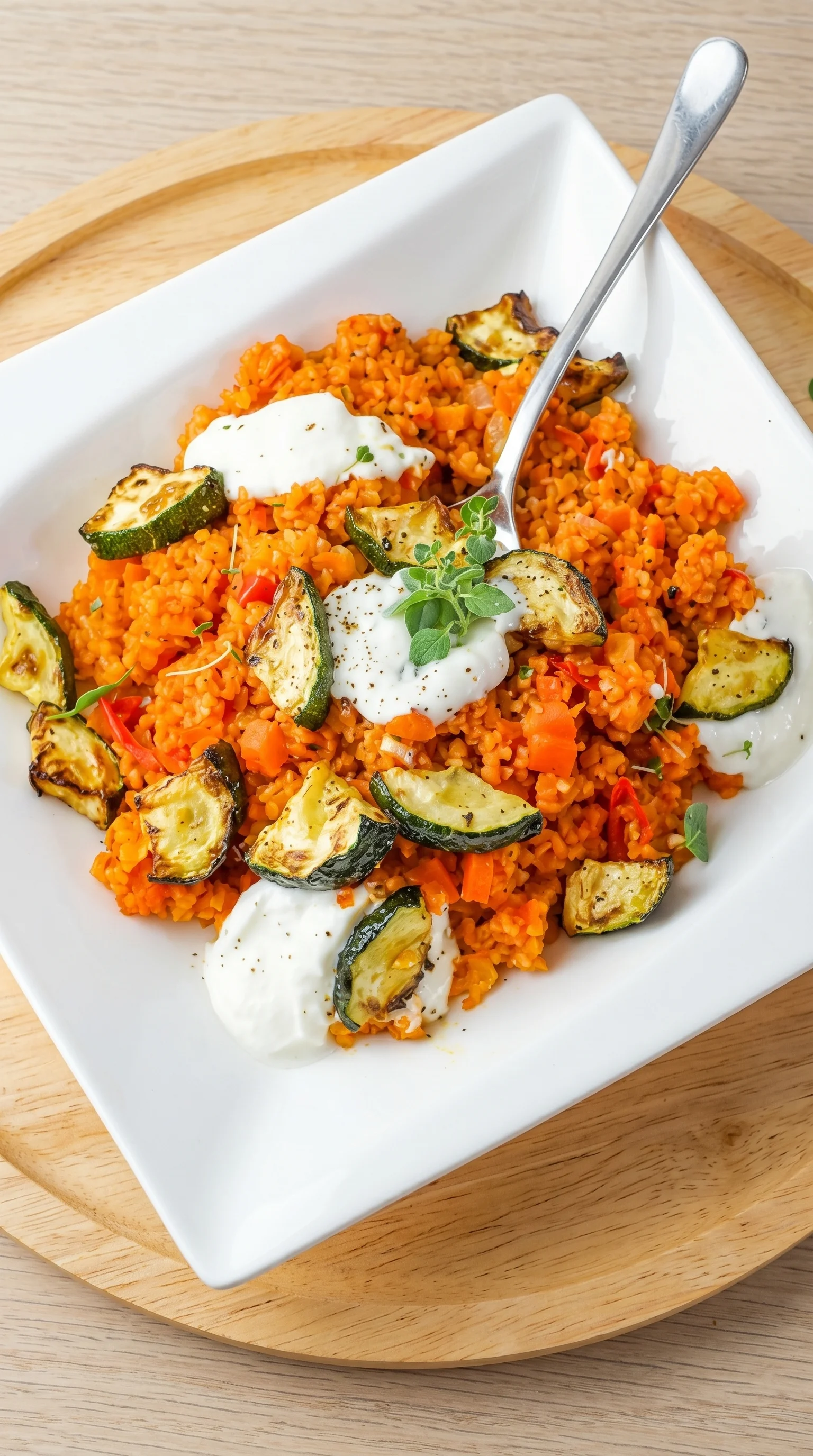 A bowl of rice with vegetables.