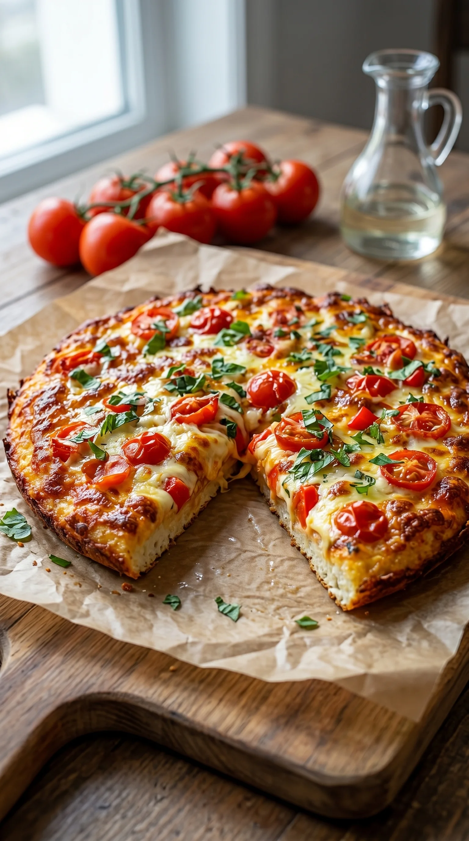 A slice of low carb pizza with tomatoes and basil.