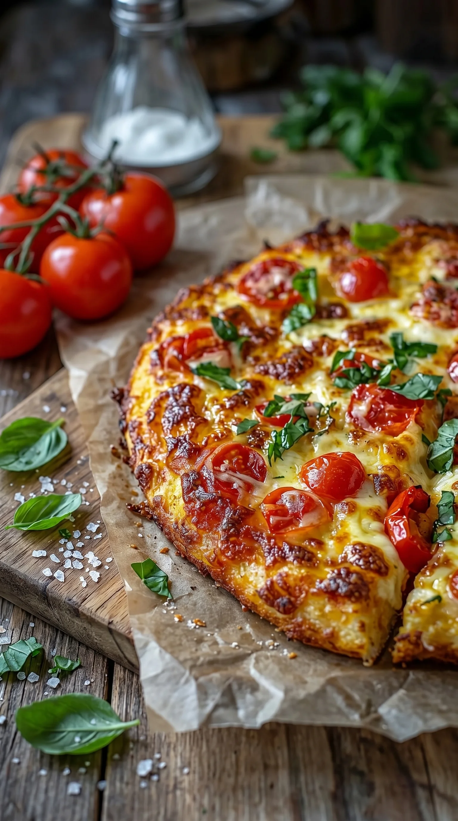 A slice of low carb pizza with tomatoes and basil.