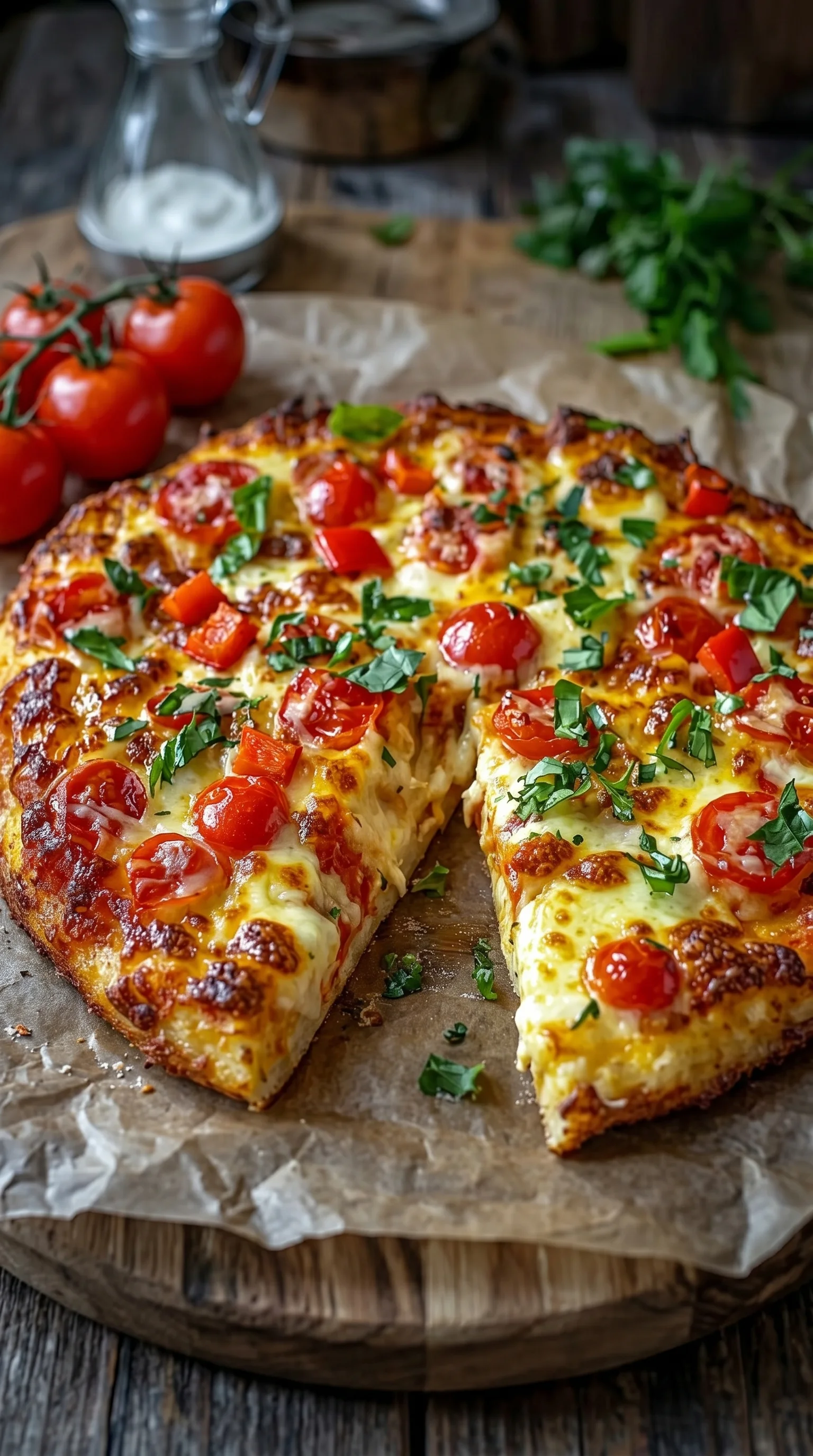 A slice of low carb pizza with tomatoes and basil.