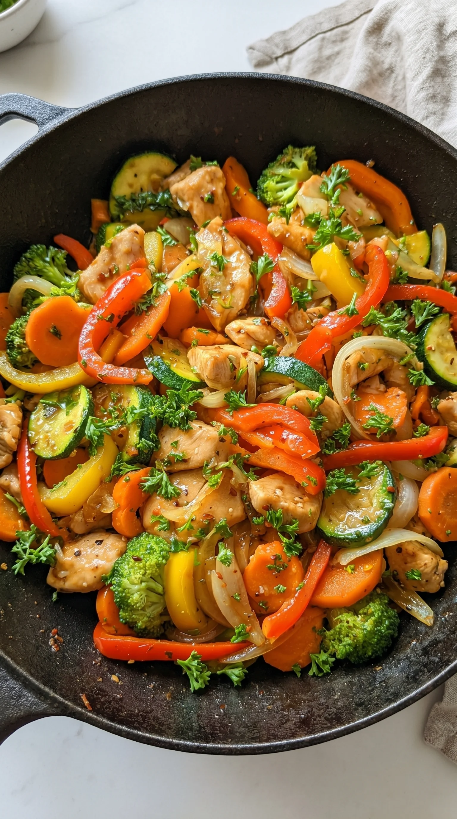 A bowl of food with chicken, peppers, and broccoli.