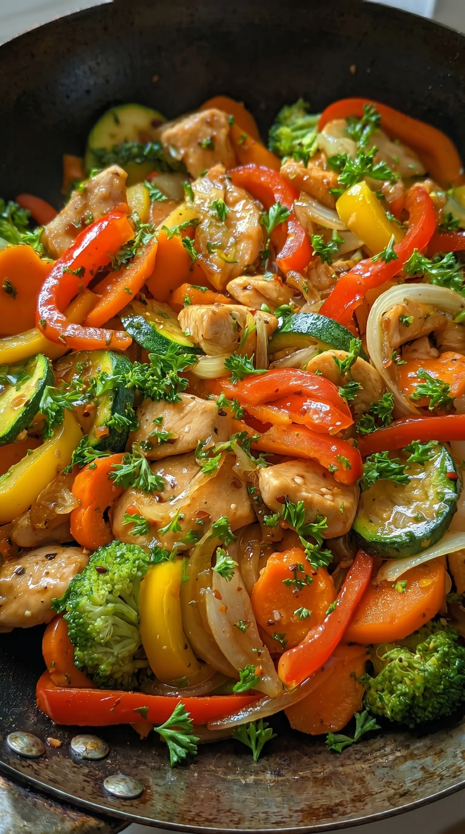 A close up of a stir fry with chicken, peppers, and broccoli.